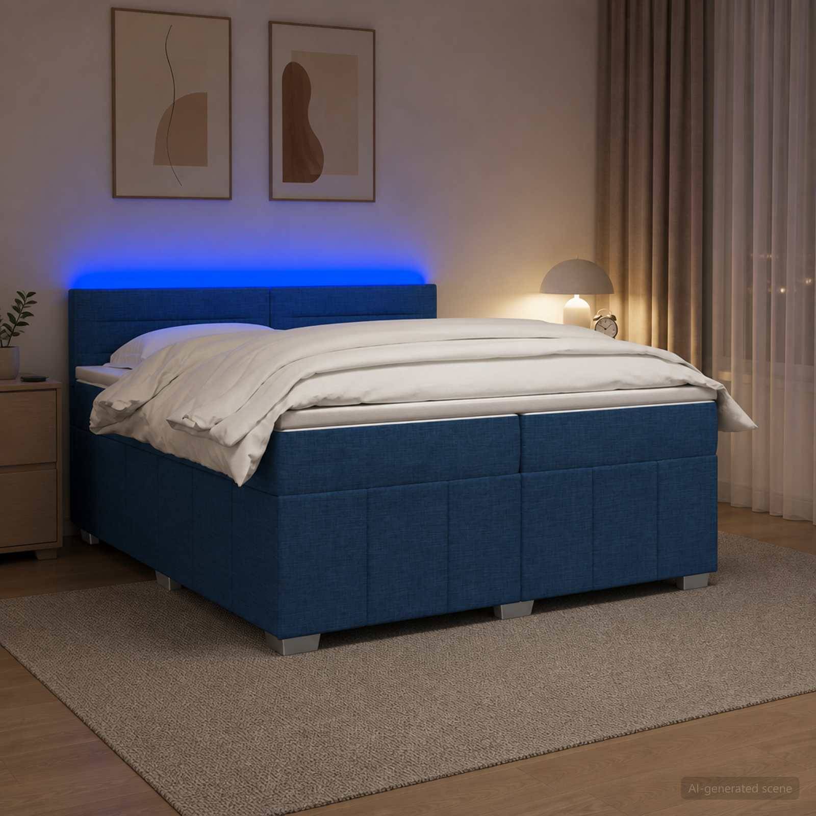 Blaugepolstertes Bett mit weißer Bettwäsche in einem sanft beleuchteten Schlafzimmer, mit leuchtender blauer Kopfstütze, Nachttischlampe, Vorhängen und Wandkunst.