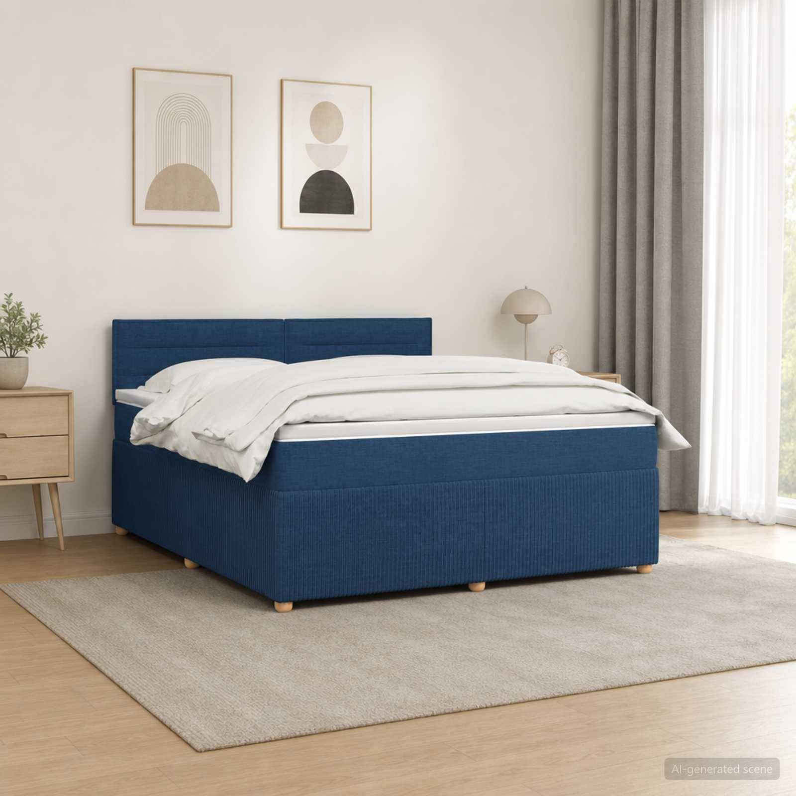 Modernes Schlafzimmer mit blauem gepolstertem Bett, weißer Bettwäsche, Nachttisch, Lampe, Wandkunst und großem Fenster mit Vorhängen.