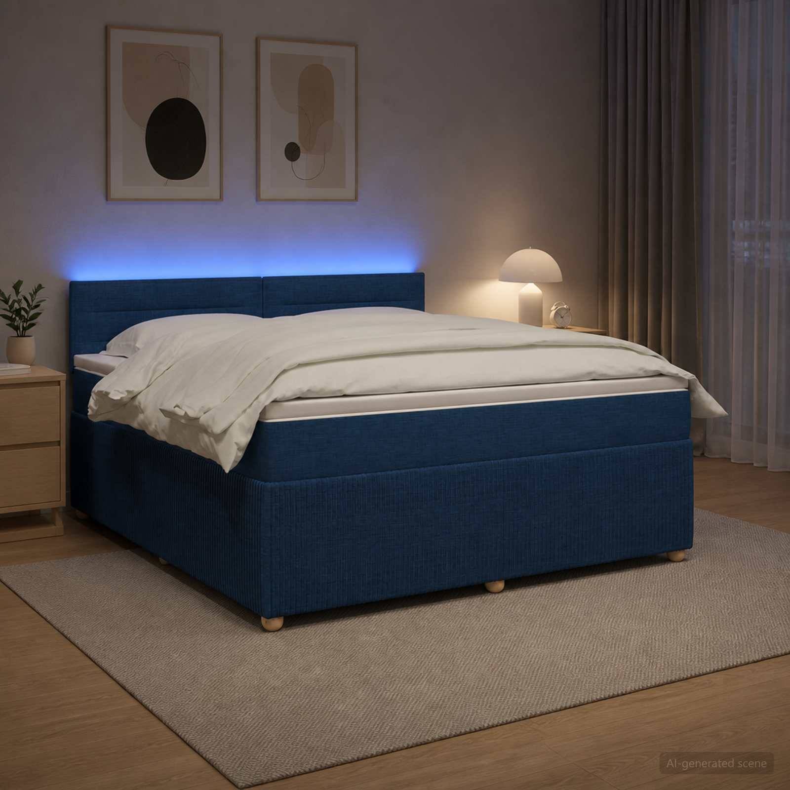 Modernes Schlafzimmer mit einem blaugepolsterten Bett, weißer Bettwäsche, sanftem Lampenlicht, gerahmter Wandkunst und einem neutralen Teppich.