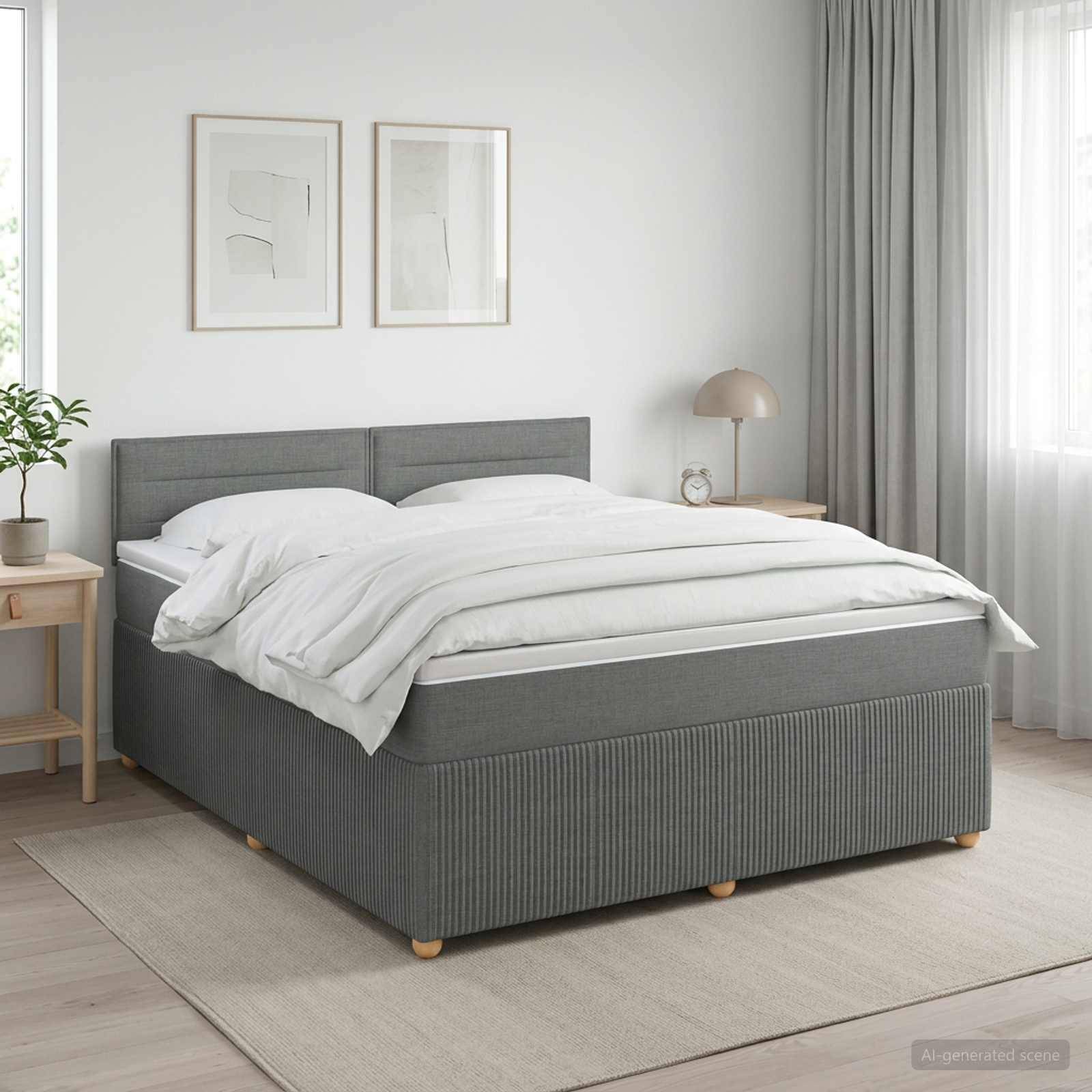 Grau gepolstertes Bett mit weißer Bettwäsche in einem hellen, minimalistischen Schlafzimmer, flankiert von kleinen Nachttischen, gerahmten Wandbildern und Vorhängen.