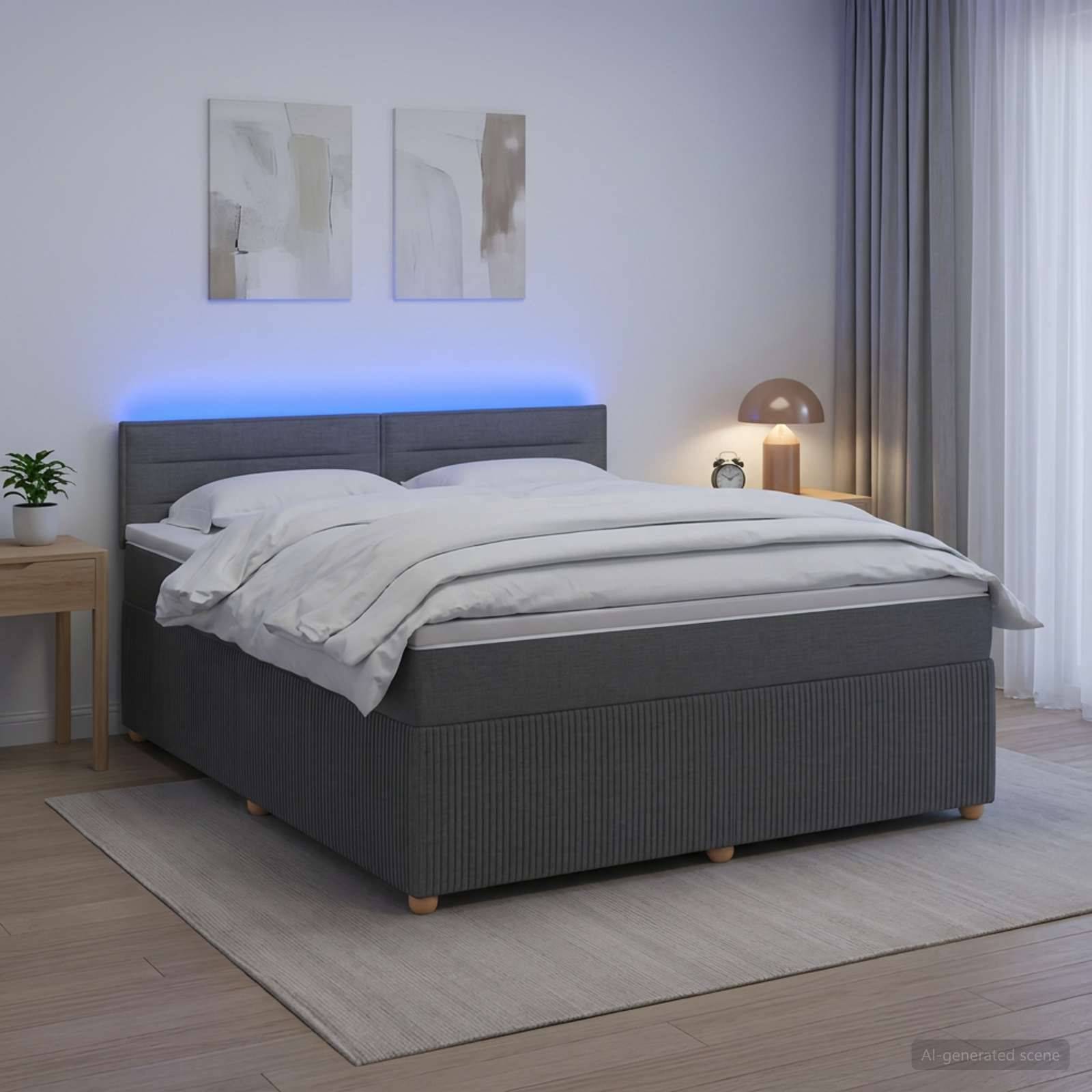 Modernes Schlafzimmer mit einem grau gepolsterten Bett, weißer Bettwäsche, blauer LED-Kopfleuchte, Nachttischlampe, Pflanze, Vorhängen und abstrakter Wandkunst.