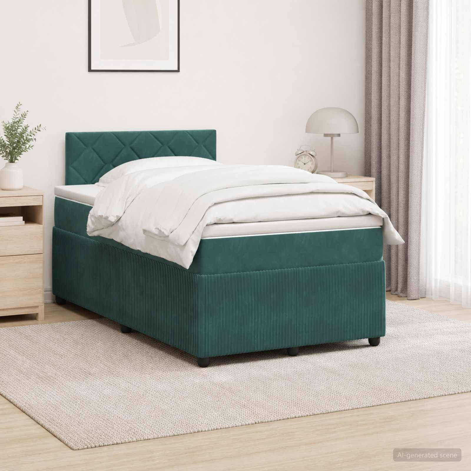 Grünes gepolstertes Bett mit weißer Bettwäsche in einem hellen Schlafzimmer, auf einem beigen Teppich neben einem Nachttisch und einer Lampe gezeigt.