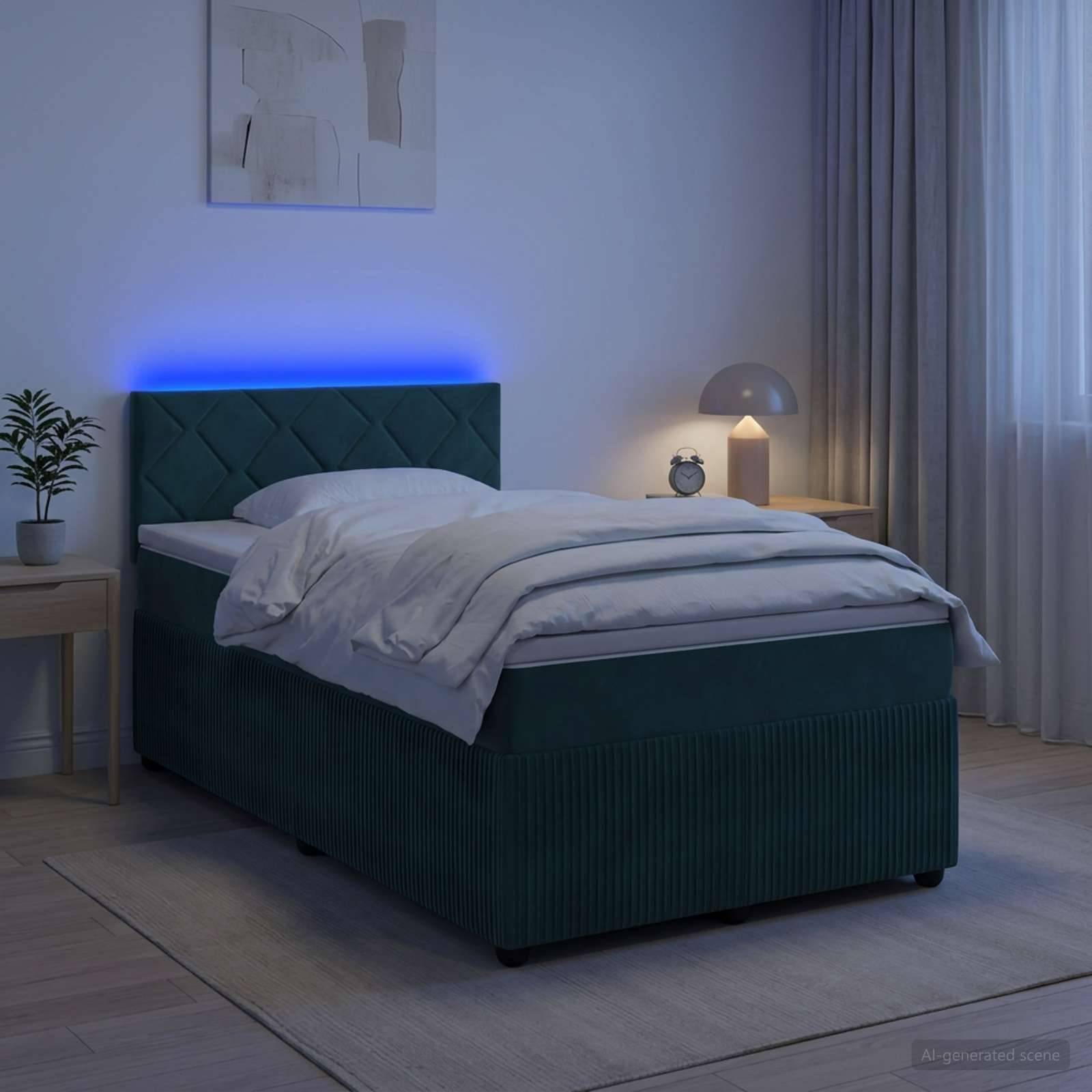Modernes Schlafzimmer mit einem dunkelblaugrün gepolsterten Bett mit blauer LED-Kopfleuchtenbeleuchtung, grauer Bettwäsche und Nachttischlampen neben einem Fenster.