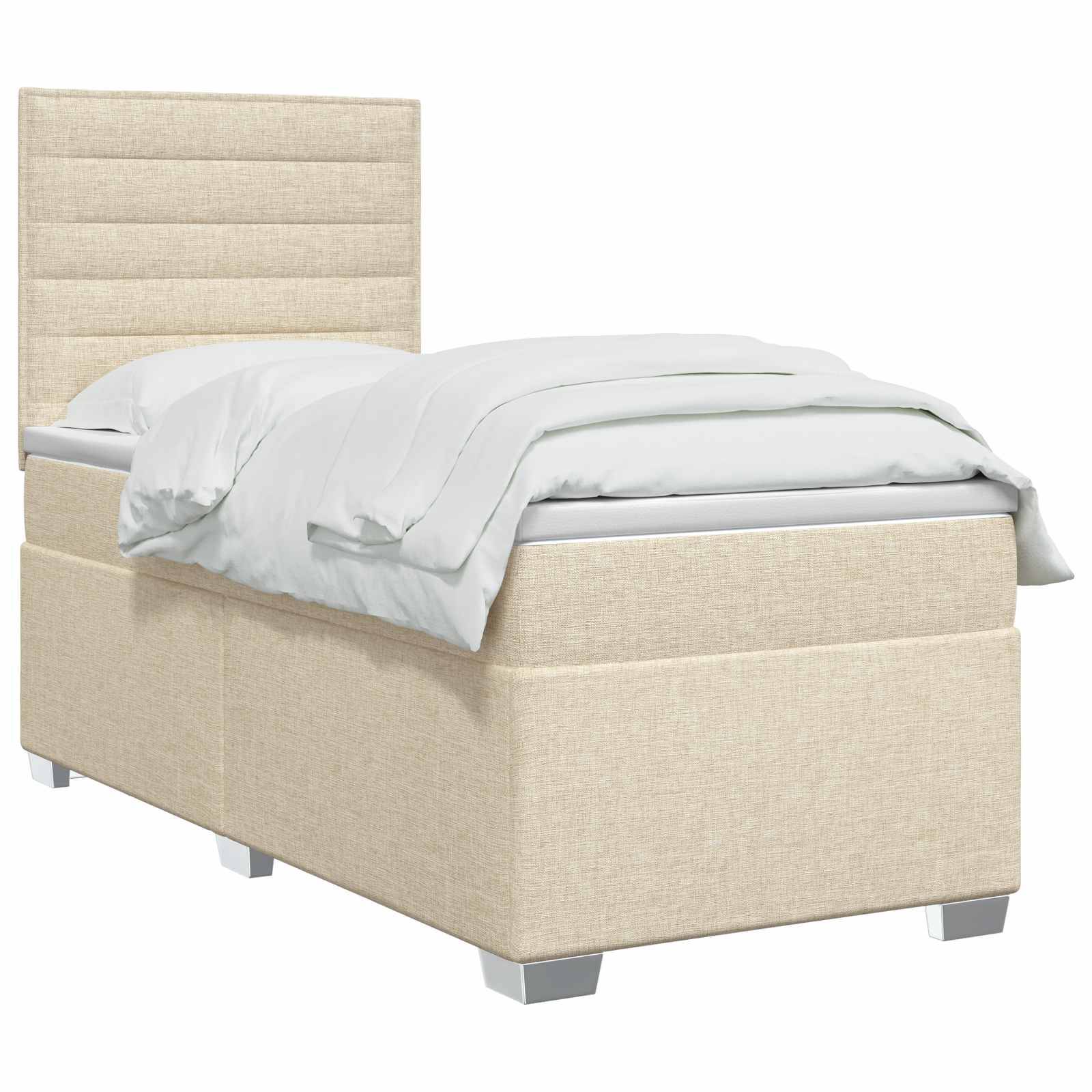 Beige gepolstertes Einzelbett mit gepolstertem Kopfteil, weißer Bettwäsche und silbernen Beinen auf weißem Hintergrund.