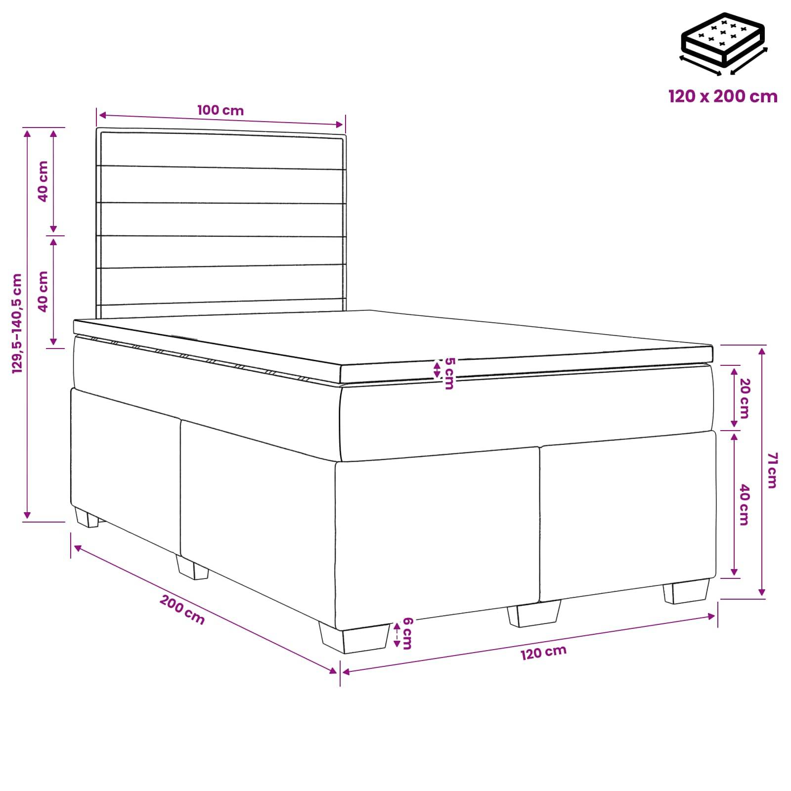 Bemaßtes Diagramm eines gepolsterten Bettes mit Stauraum, das eine Matratzengröße von 120 x 200 cm, die Kopfteailhöhe und die Gesamtbettmaße in Zentimetern zeigt.