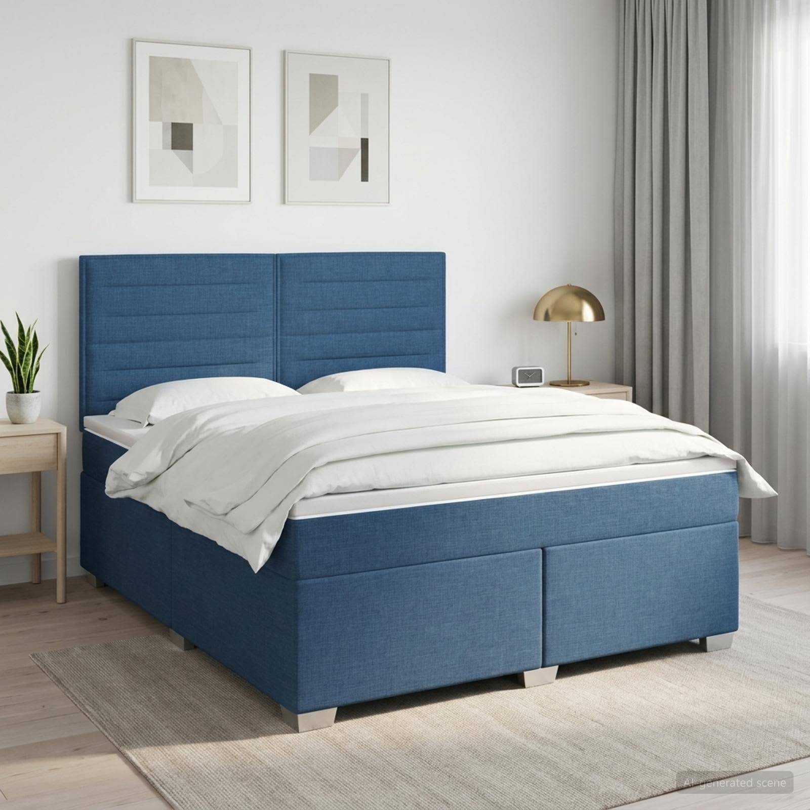 Blaues gepolstertes Bett mit weißer Bettwäsche in einem hellen modernen Schlafzimmer, flankiert von Nachttischen, Lampe, Pflanze und Wandkunst.