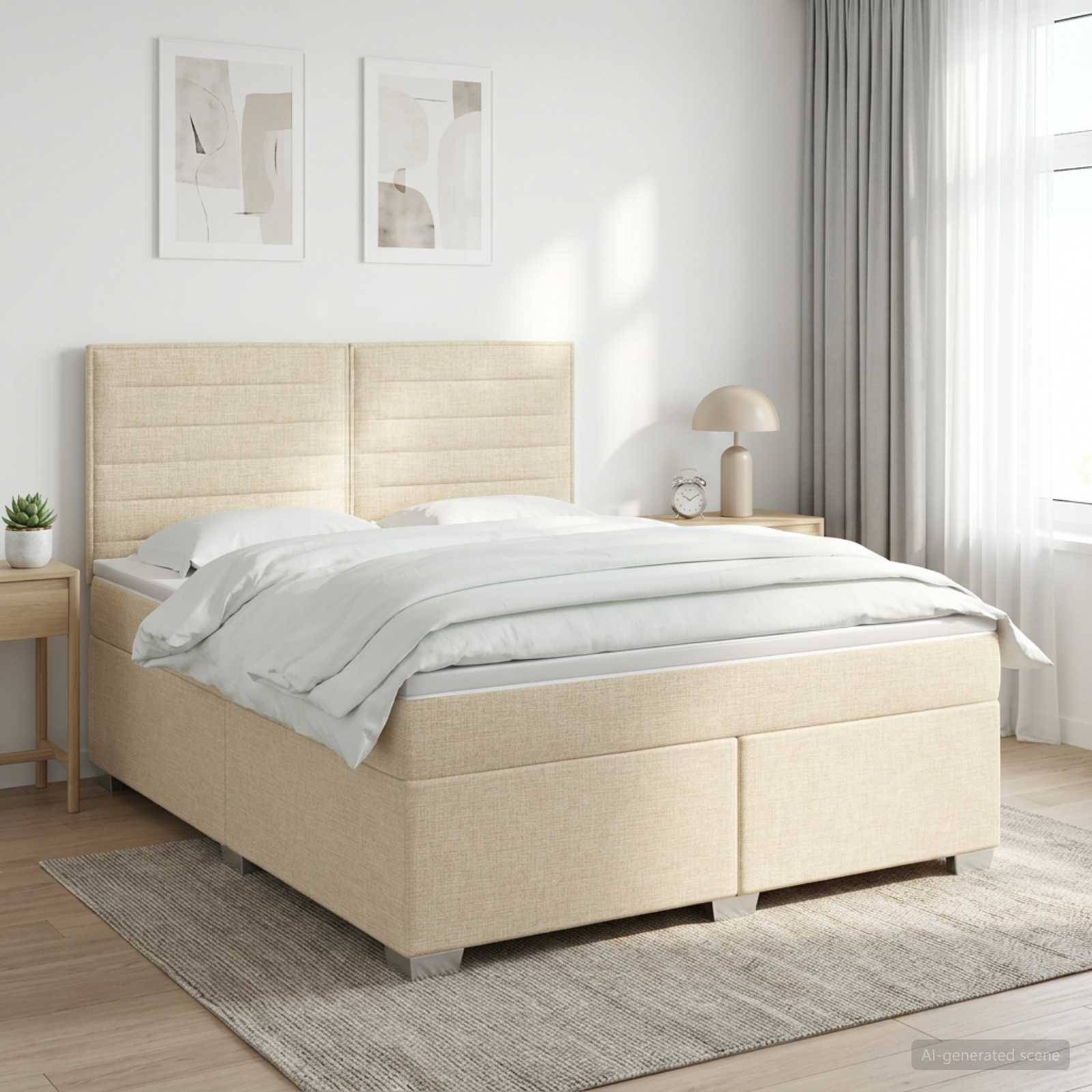 Modernes Bett mit beigem Polsterstoff und weißer Bettwäsche in einem hellen, minimalistischen Schlafzimmer mit Nachttischen, Lampe, gerahmten Wandbildern und Fenstervorhängen.