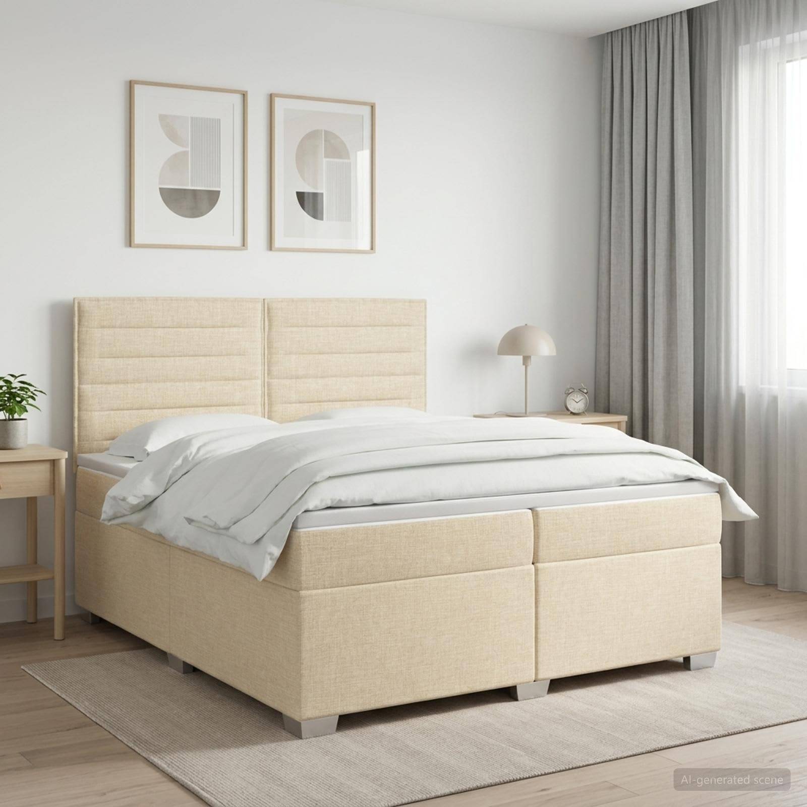 Modernes beige gepolstertes Bett in einem hellen minimalistischen Schlafzimmer mit Wandkunst in Rahmen, Nachttischen, Lampe und Vorhängen.