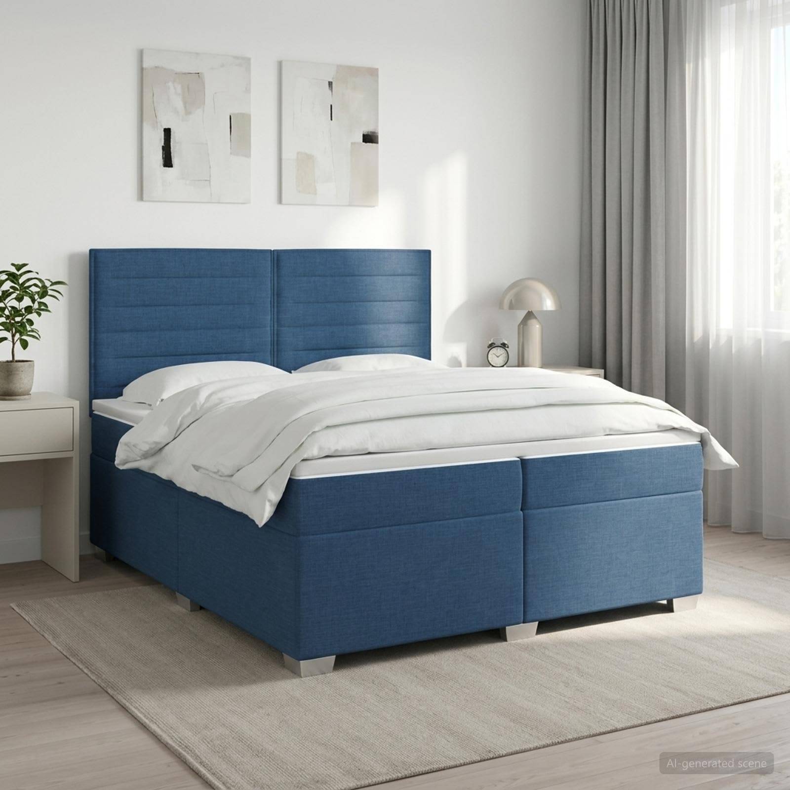 Bett mit blauem Polsterbezug und weißer Bettwäsche in einem hellen modernen Schlafzimmer, neben einem Nachttisch und Fenster mit Vorhängen.
