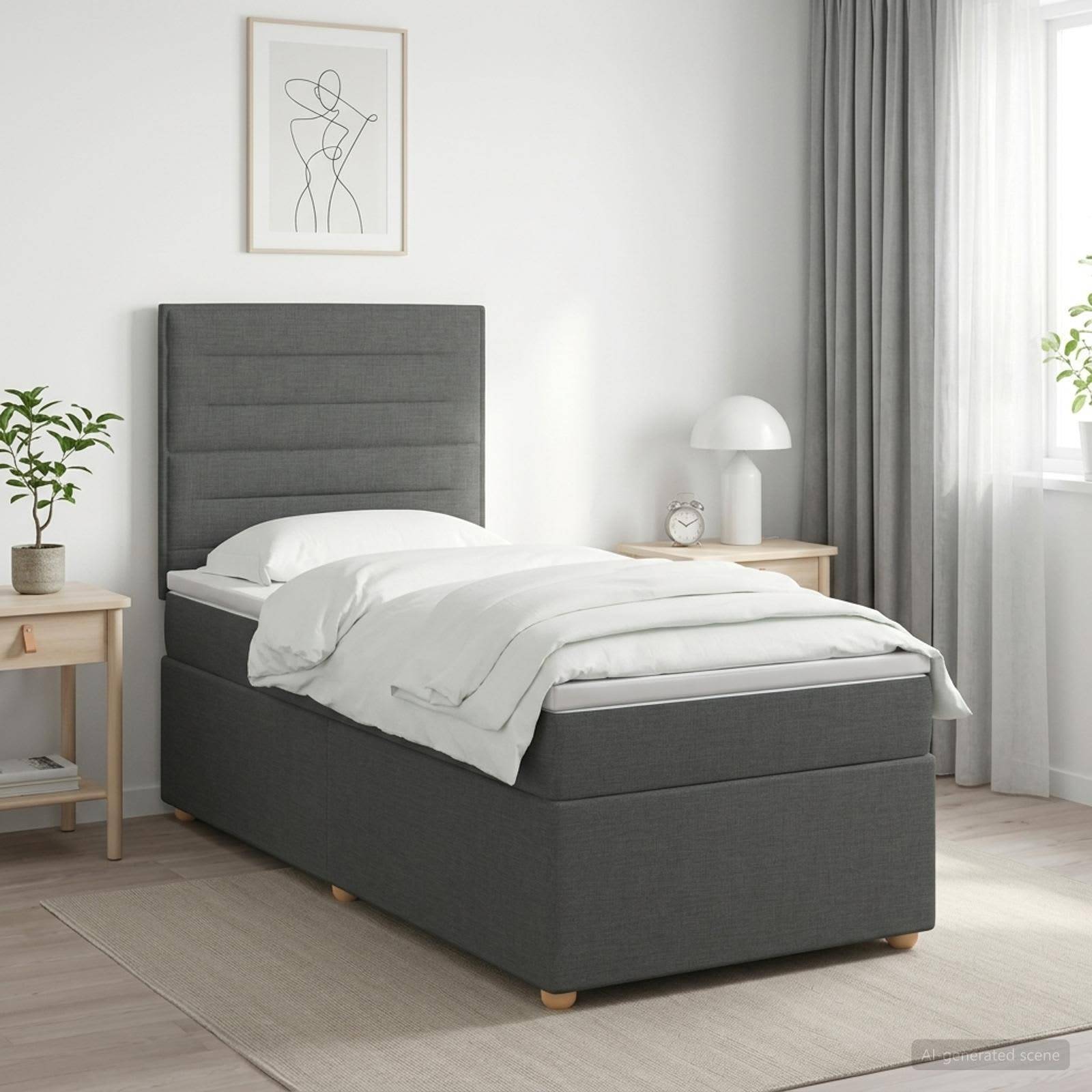 Modernes Schlafzimmer mit einem grau gepolsterten Einzelbett, weißer Bettwäsche, Nachttischen, Lampe, Pflanze und gerahmter Wandkunst in der Nähe eines hellen Fensters.