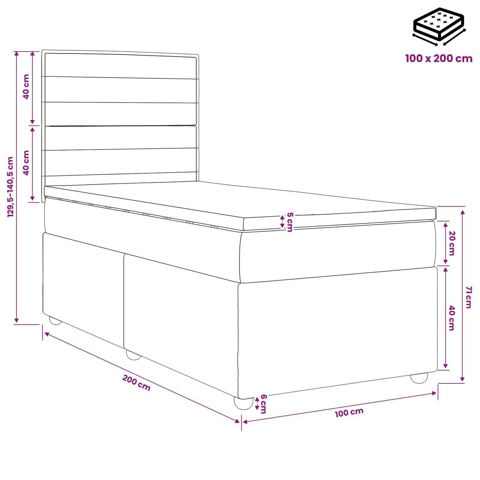 Maßstabgetreue Zeichnung eines Einzelbetts mit Kopfteil, die eine Matratze im Format 100 x 200 cm und Gesamtmaße einschließlich einer Höhe von 129,5-140,5 cm und einer Tiefe von 71 cm zeigt.