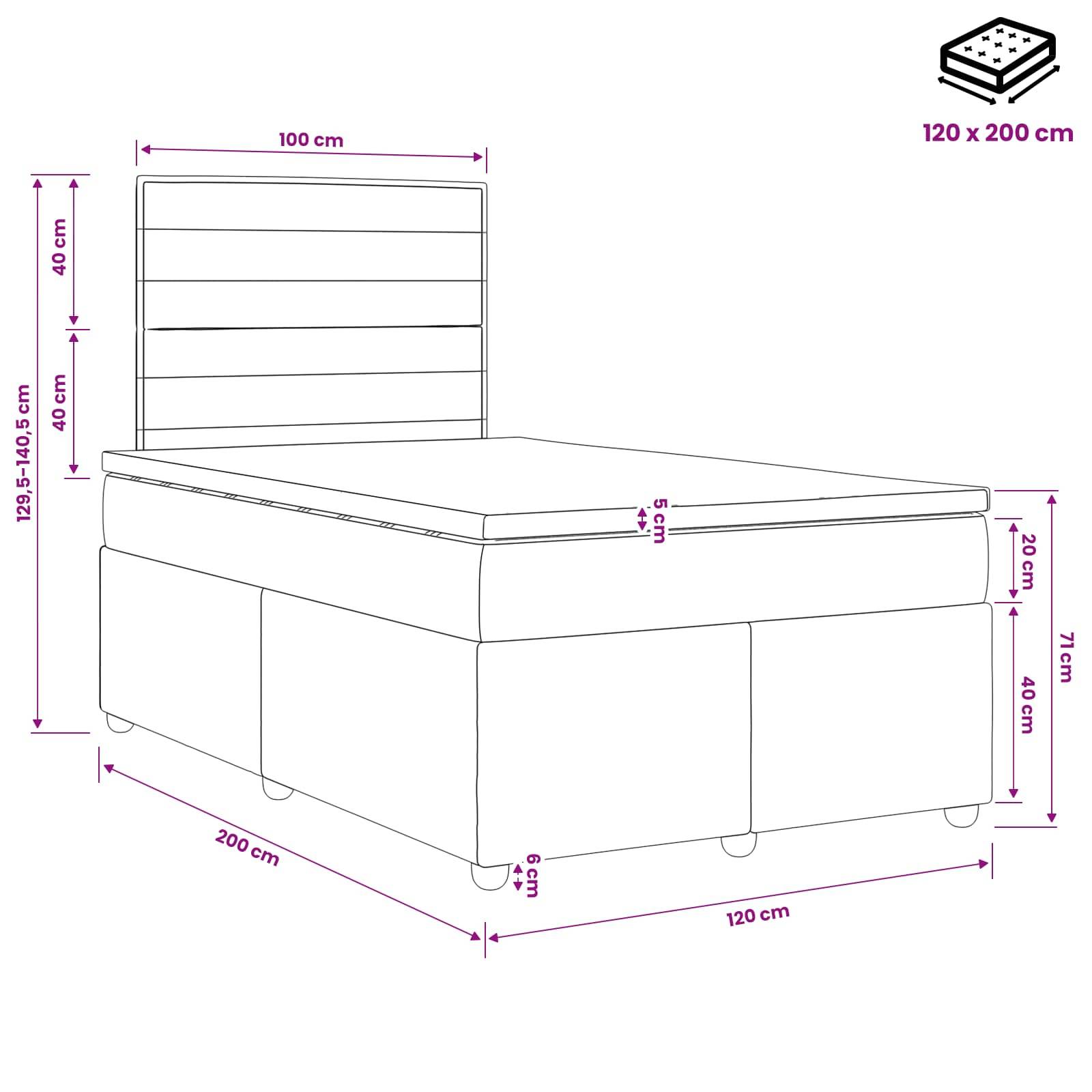 Diagramm eines Einzelbetts mit gepolstertem Kopfteil; Abmessungen angegeben: 120 x 200 cm Matratze, 120 cm breit, 200 cm lang, 129,5–140,5 cm hoch, 6 cm Beine.