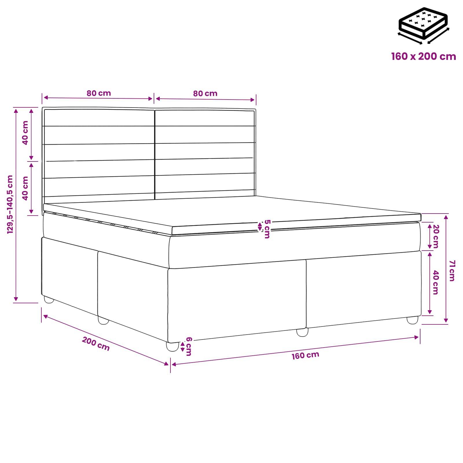 Maßstabgetreue Zeichnung eines Bettes: 160 x 200 cm Matratze, 160 cm breite und 200 cm lange Basis, mit Kopfteil und beschrifteten Seitenmessungen.