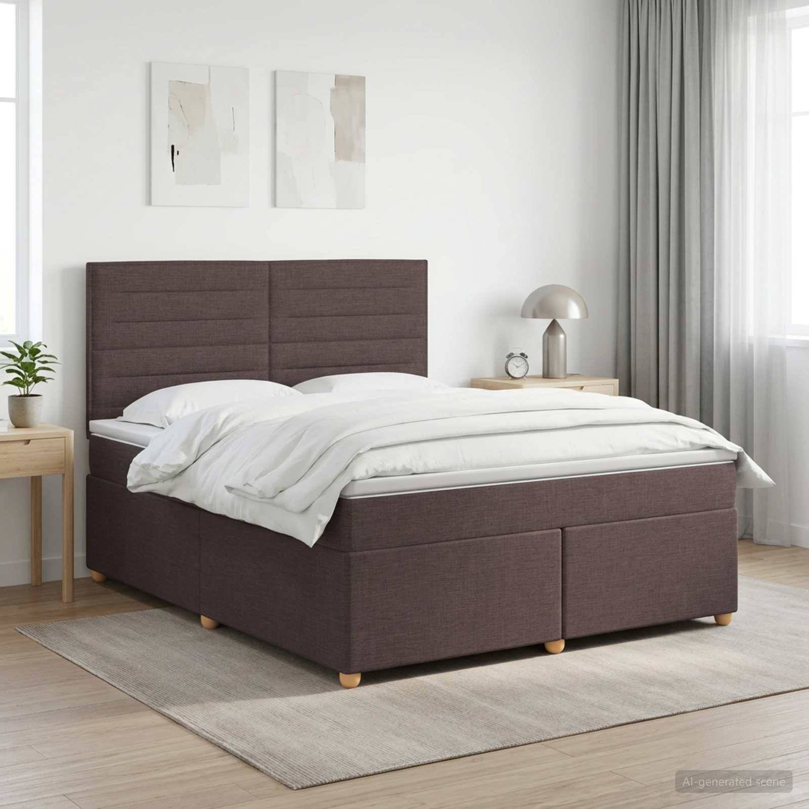 Modernes Schlafzimmer mit einem braun gepolsterten Speicherbett, weißer Bettwäsche, Nachttischen und weicher neutraler Dekoration in einem hellen minimalistischen Raum.