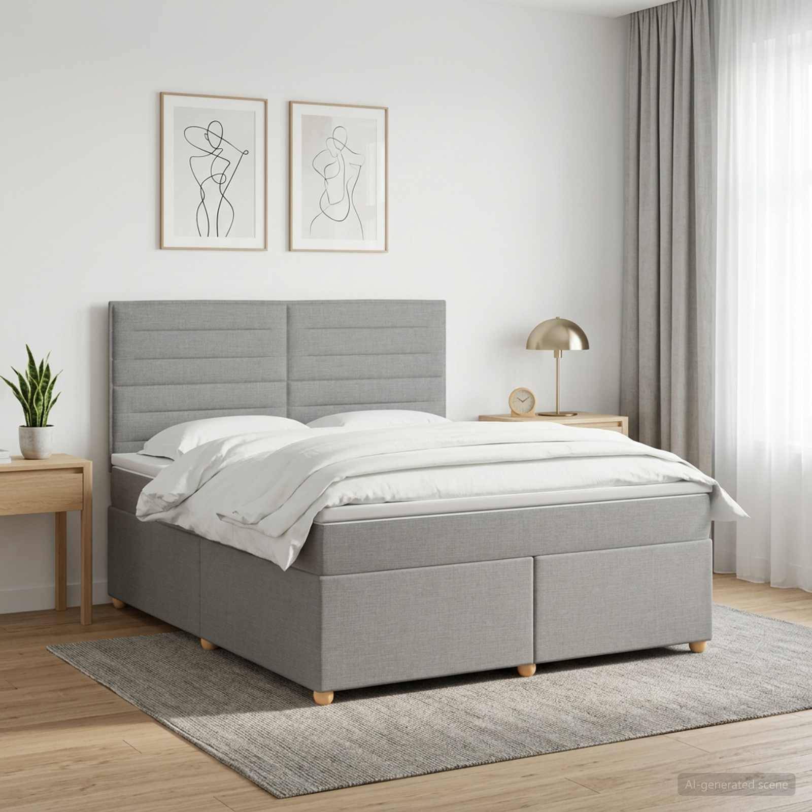 Modernes Schlafzimmer mit grauem gepolstertem Bett, weißer Bettwäsche, Nachttischen, abstrakter Wandkunst und weichem natürlichem Licht.