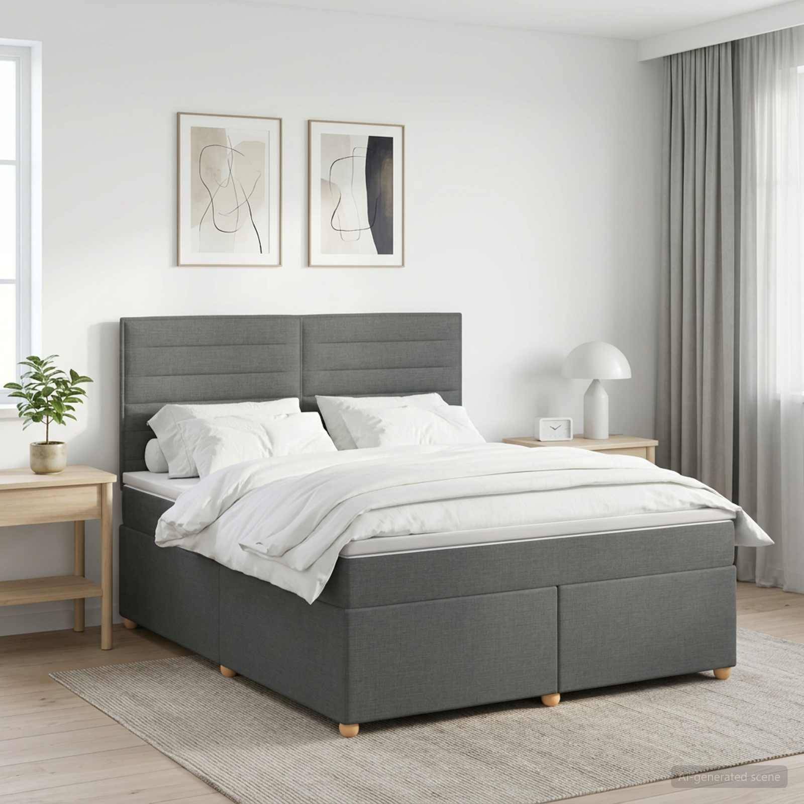 Modernes Schlafzimmer mit einem grau gepolsterten Bett, weißer Bettwäsche, Nachttischen, gerahmten Wandbildern und bodenlangen Vorhängen.