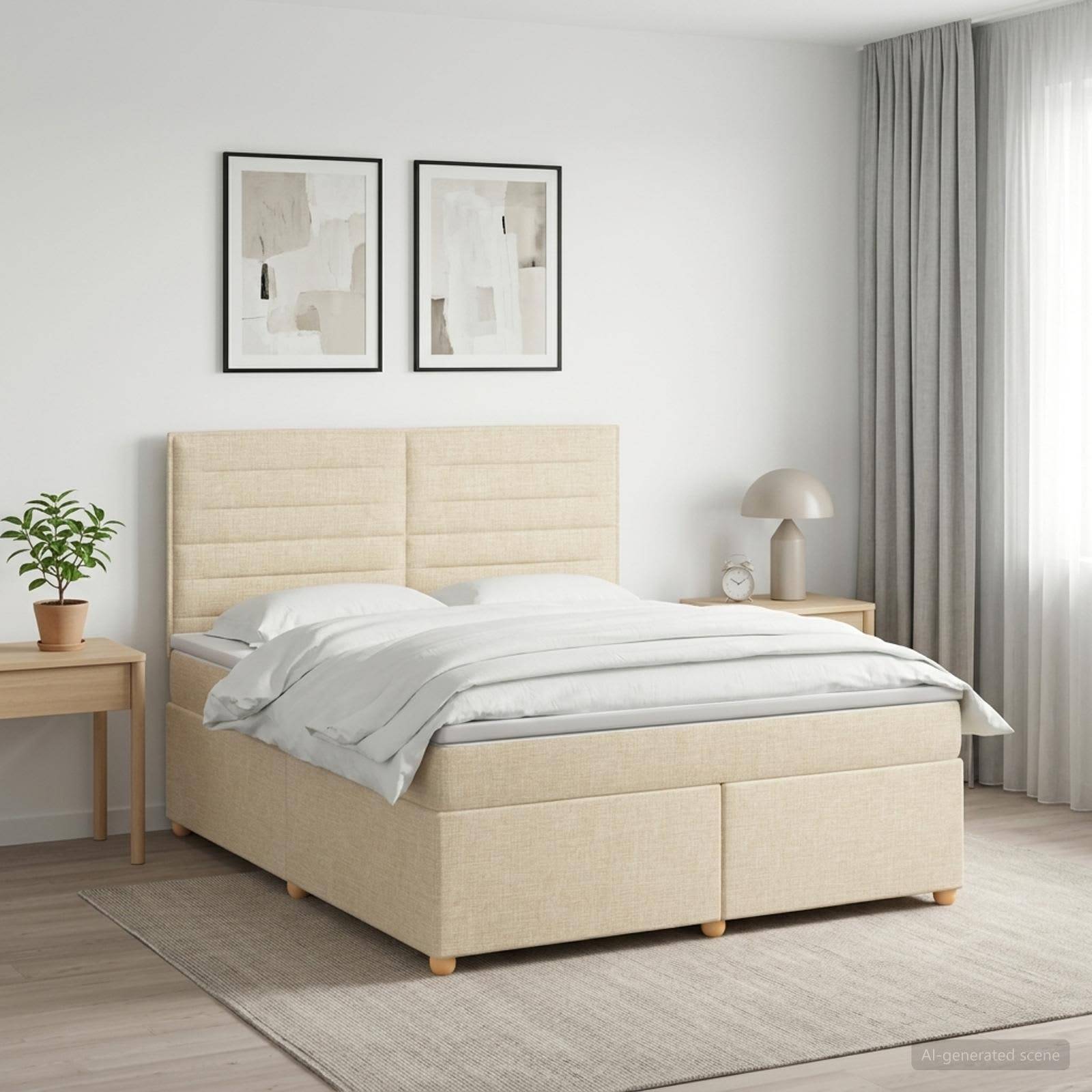 Ein minimalistisches Schlafzimmer mit einem beigen gepolsterten Bett, weißer Bettwäsche, zwei gerahmten Drucken über dem Kopfende und einem Nachttisch mit einer Pflanze und einer Lampe.