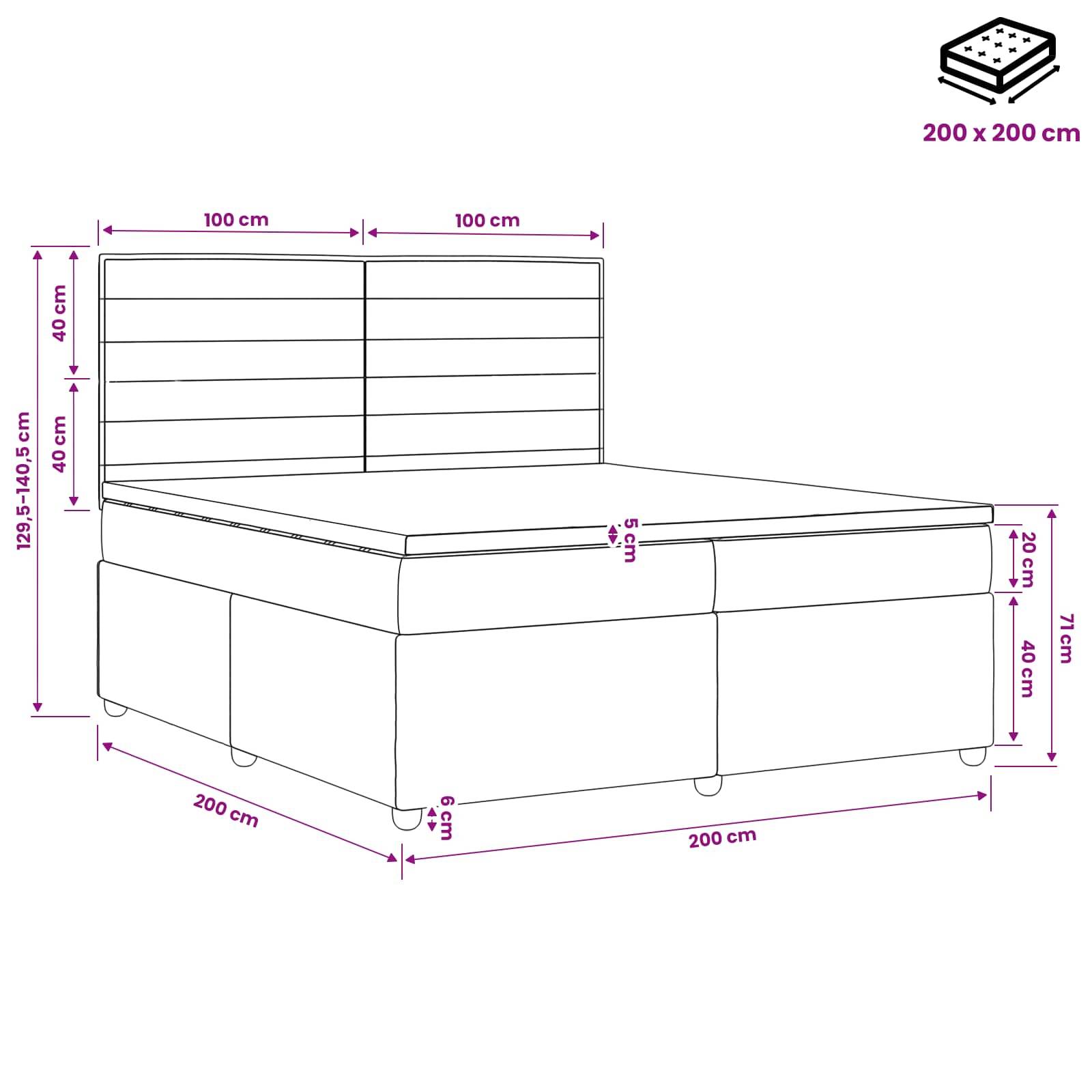 Technische Strichzeichnung eines 200 x 200 cm großen gepolsterten Bettes mit Kopfteil, mit Abmessungen und Komponentenmessungen in cm.