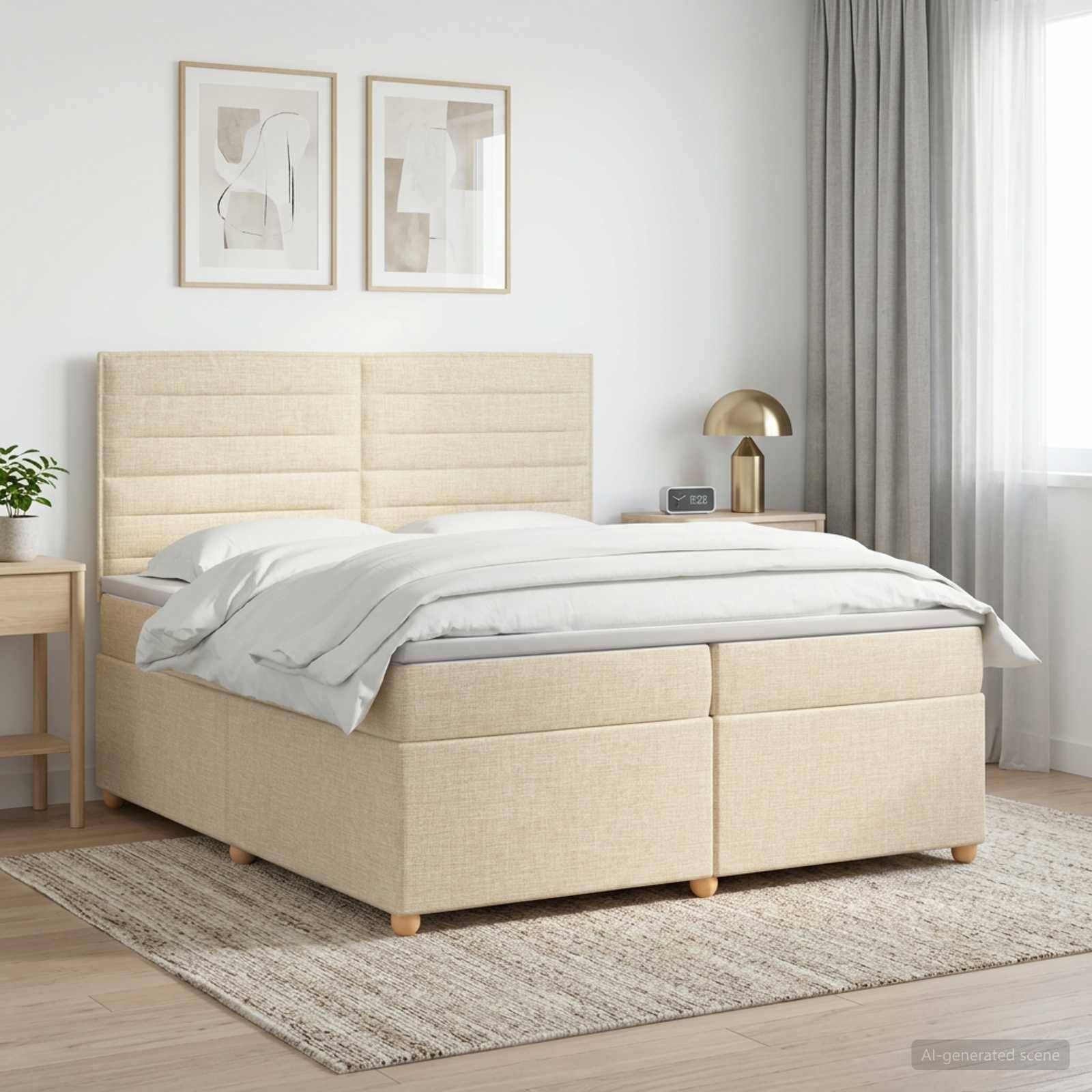 Beiges Polsterbett mit Kopfteil, weiße Bettwäsche, Nachttisch und Lampe in einem hellen modernen Schlafzimmer.