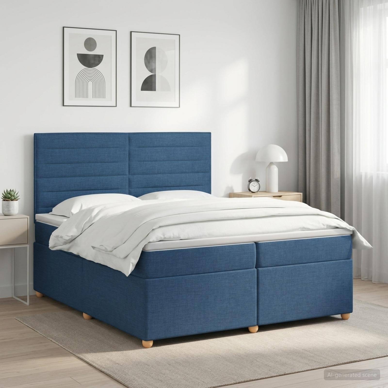 Blaugepolstertes Bett mit weißer Bettwäsche in einem hellen modernen Schlafzimmer, gezeigt mit gerahmter Wandkunst, Nachttischen, Lampe und Vorhängen.