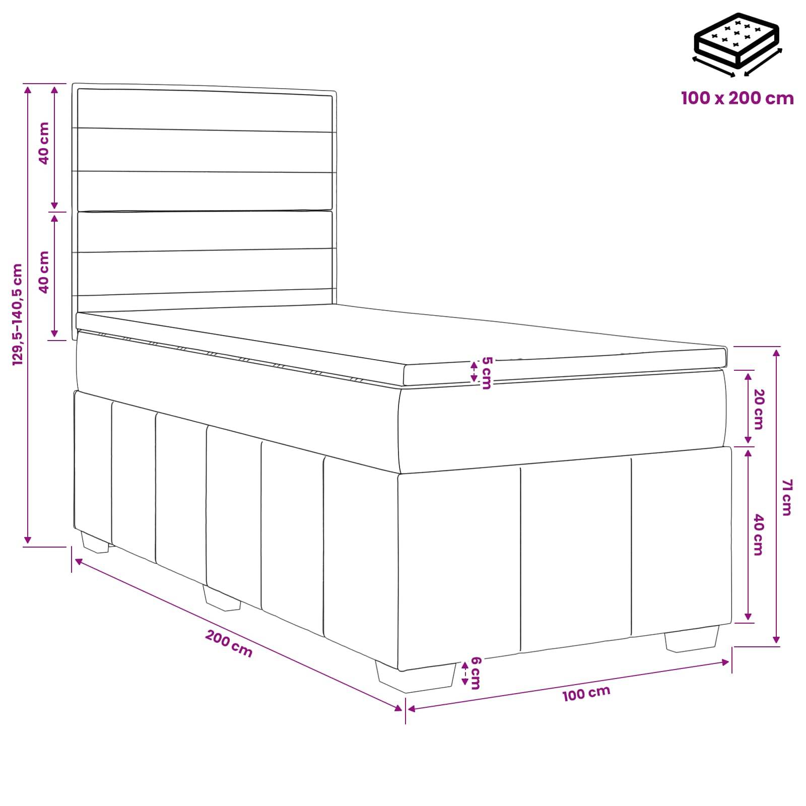 Maßstabgerechte technische Zeichnung eines gepolsterten Betts mit Kopfteil und Matratze, das eine 100 x 200 cm Matratze zeigt und die Gesamtmaße des Betts in Zentimetern angibt.