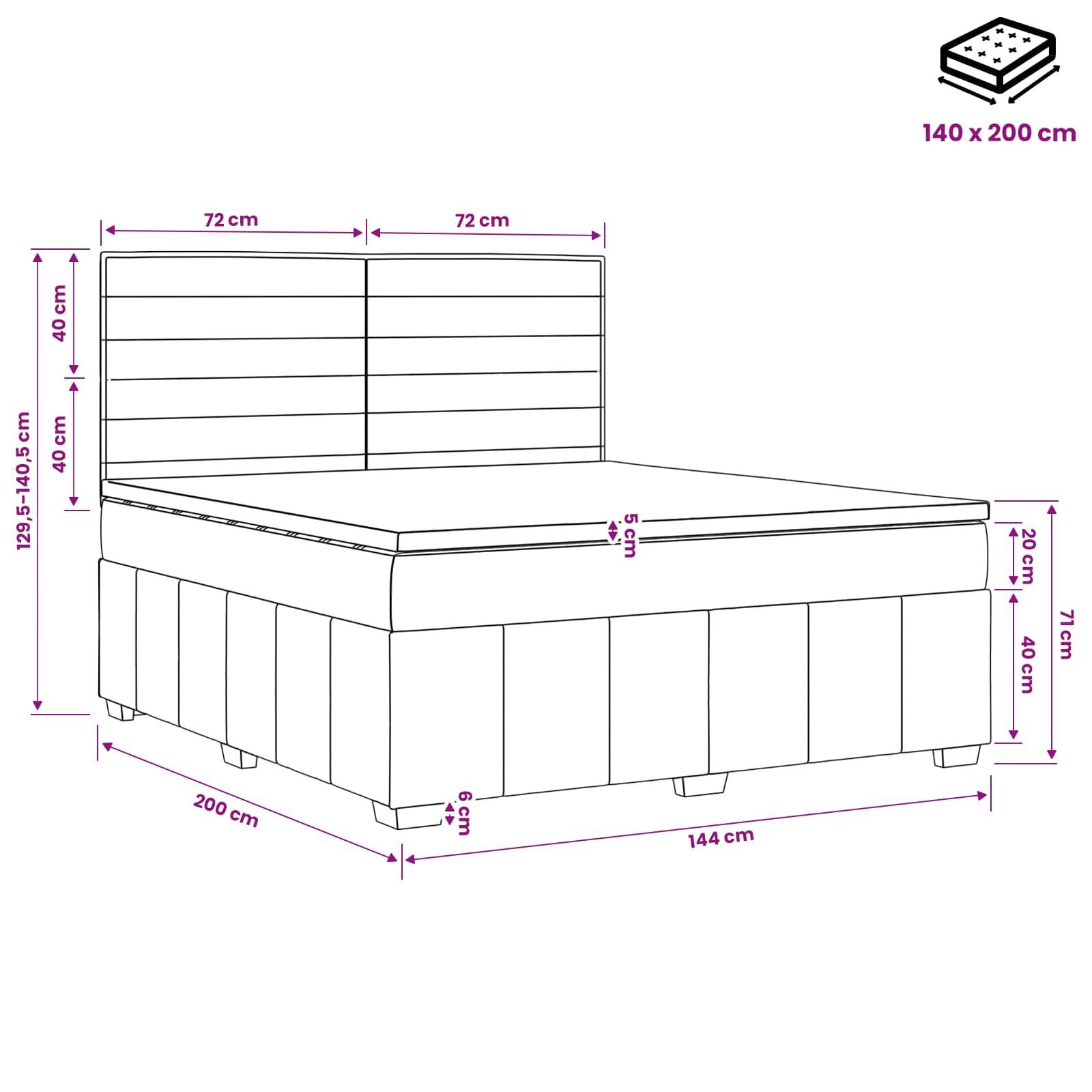 Maßstabzeichnung einer Bettunterkonstruktion mit Kopfteil für eine 140 x 200 cm Matratze, mit Gesamtgröße und wichtigen Abmessungen in Zentimetern.