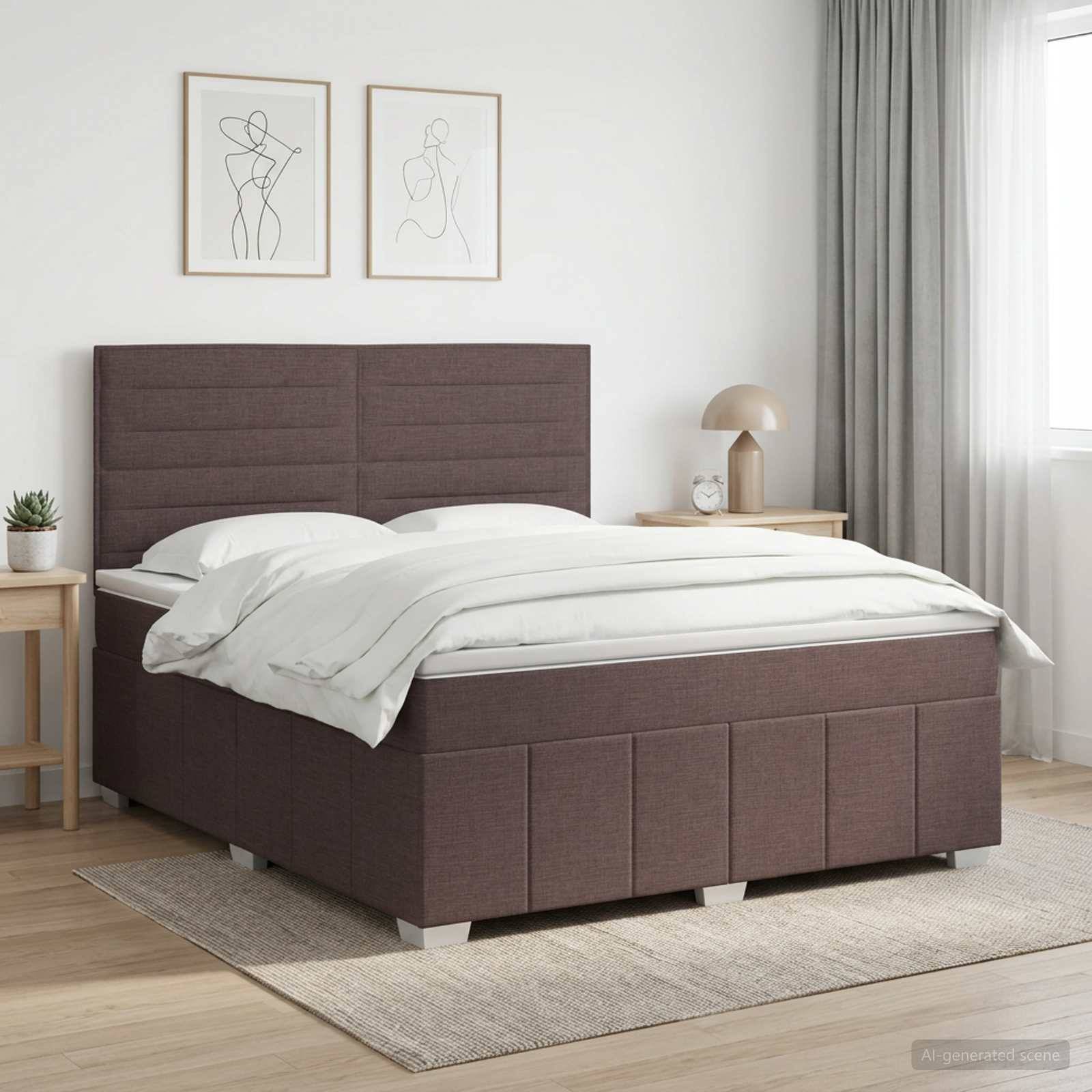 Modernes Schlafzimmer mit einem braunen gepolsterten Bett, weißer Bettwäsche, Nachttischen, gerahmten Wandbildern und einem Fenster mit Vorhängen.
