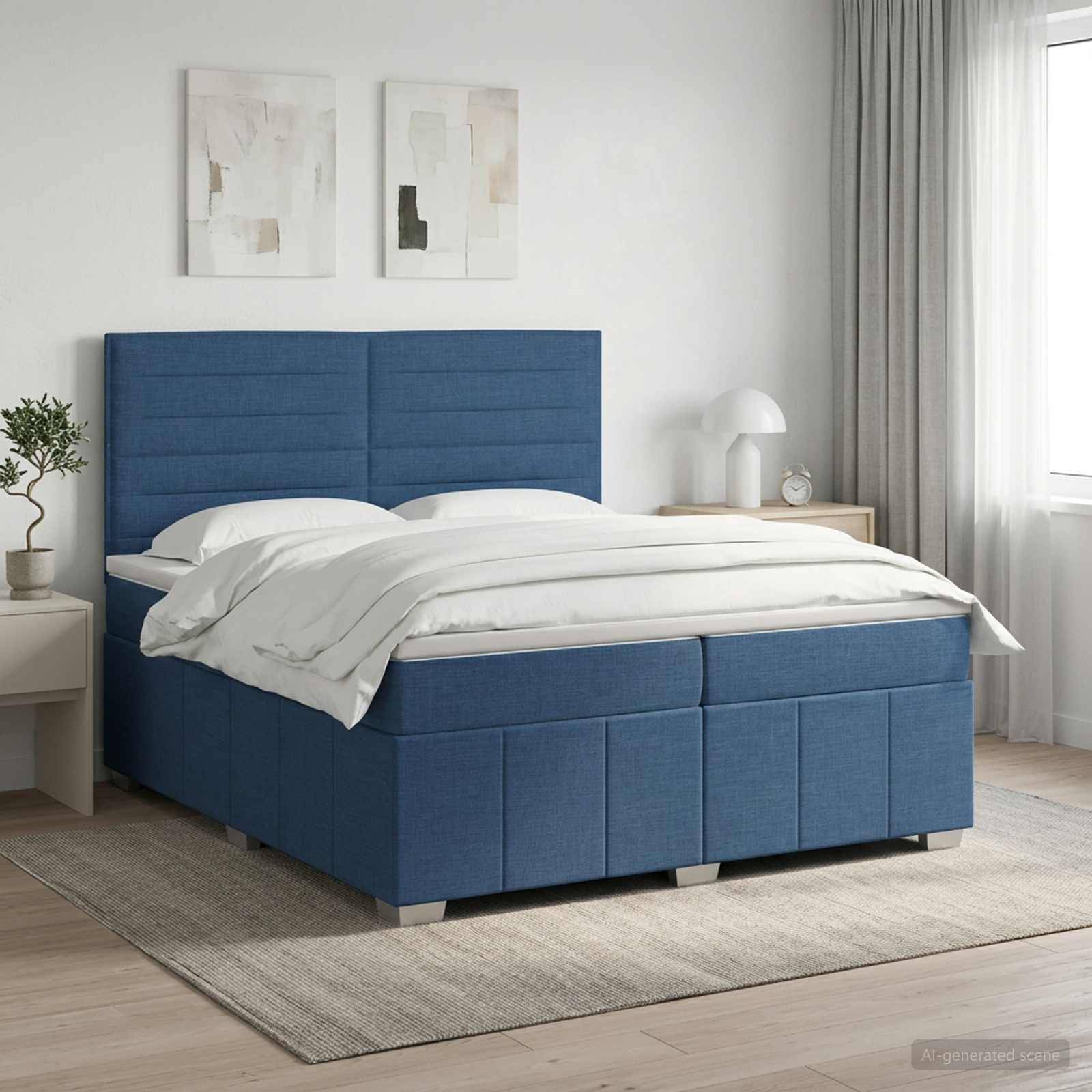 Blau gepolstertes Bett mit weißer Bettwäsche in einem hellen, minimalistischen Schlafzimmer mit Nachttisch, Lampe, Teppich und Wandkunst.