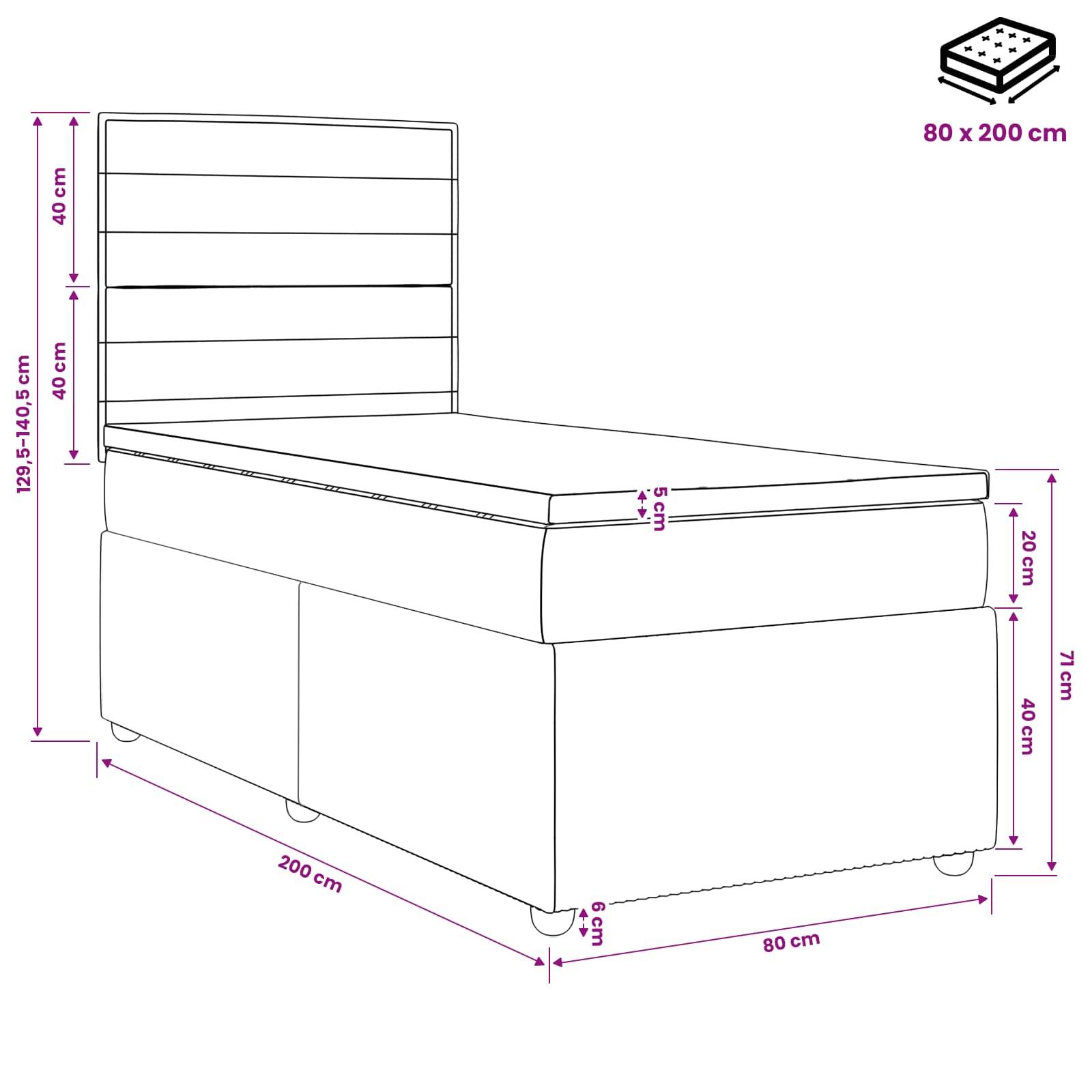 Maßstabgerechte Linienzeichnung eines gepolsterten Einzelbetts, beschriftet 80 x 200 cm, mit Gesamtabmessungen und Messungen von Kopfteil, Matratze und Bettgestell in Zentimetern.
