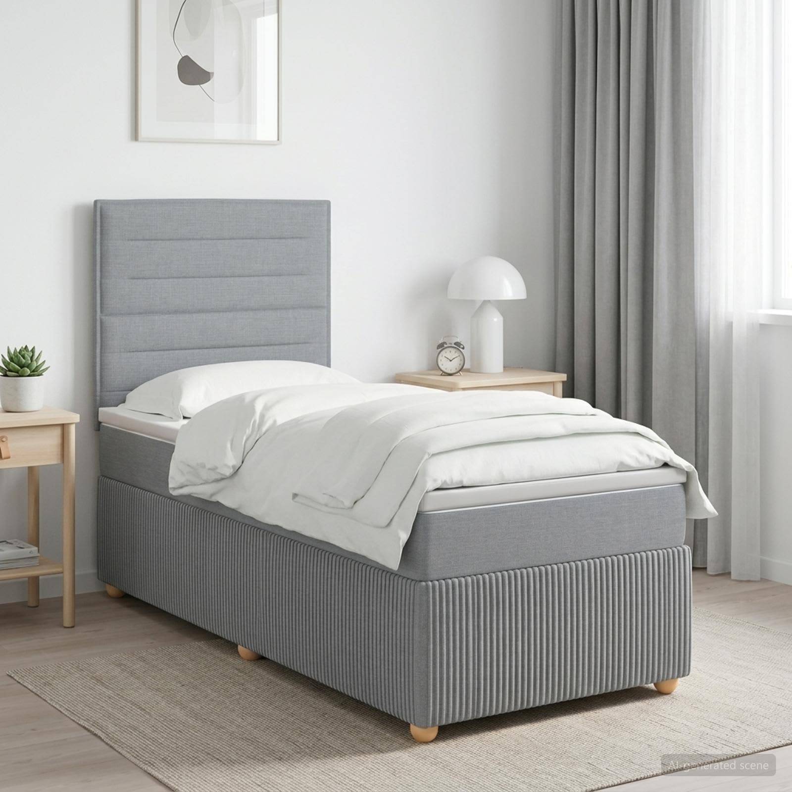 Ein ordentlich gemachtes Einzelbett mit grauem gepolstertem Kopfteil und gestreiftem Rahmen in einem hellen, minimalistischen Schlafzimmer, mit Nachttischen, Lampe und Vorhängen.