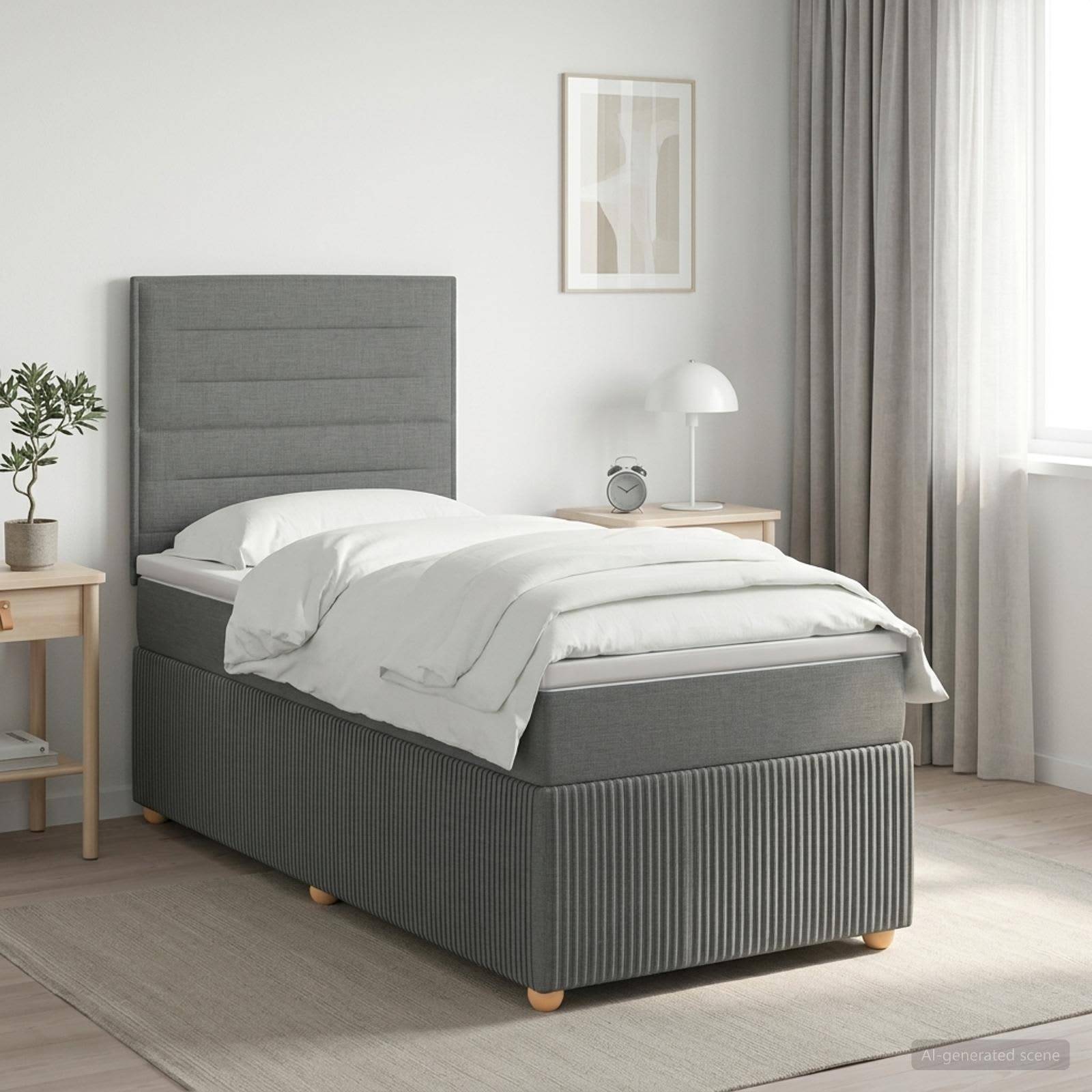 Grau gepolstertes Einzelbett mit weißer Bettwäsche in einem minimalistischen Schlafzimmer, flankiert von kleinen Nachttischen und einem Fenster mit Vorhängen.
