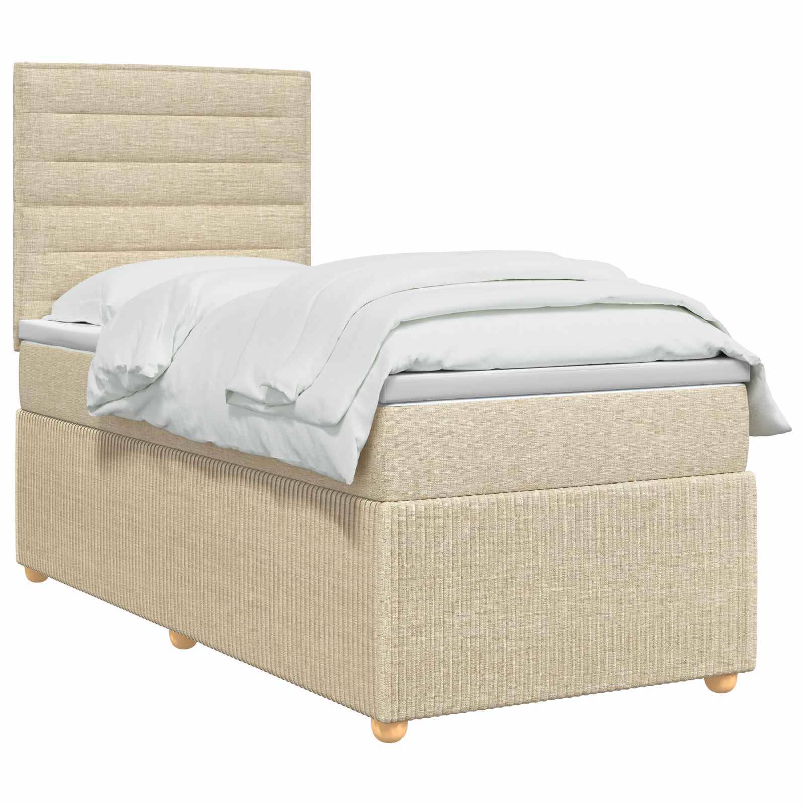 Beige gepolstertes Einzelbett mit hohem gepolstertem Kopfteil und weißer Bettwäsche auf neutralem Hintergrund.