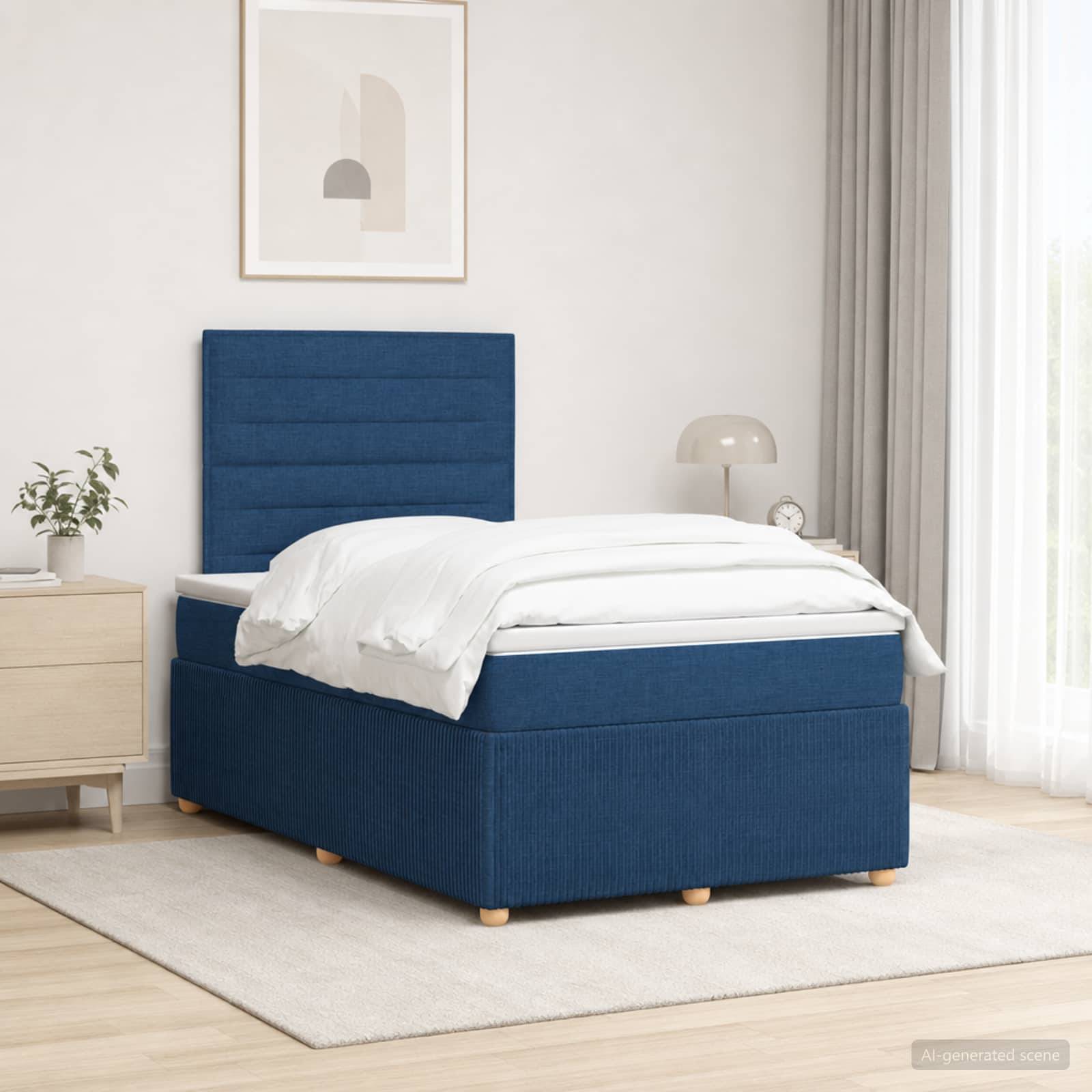 Bett mit blauer Polsterung und Kopfteil in einem hellen minimalistischen Schlafzimmer, mit weißer Bettwäsche, Nachttisch, Lampe und gerahmter Wandkunst.