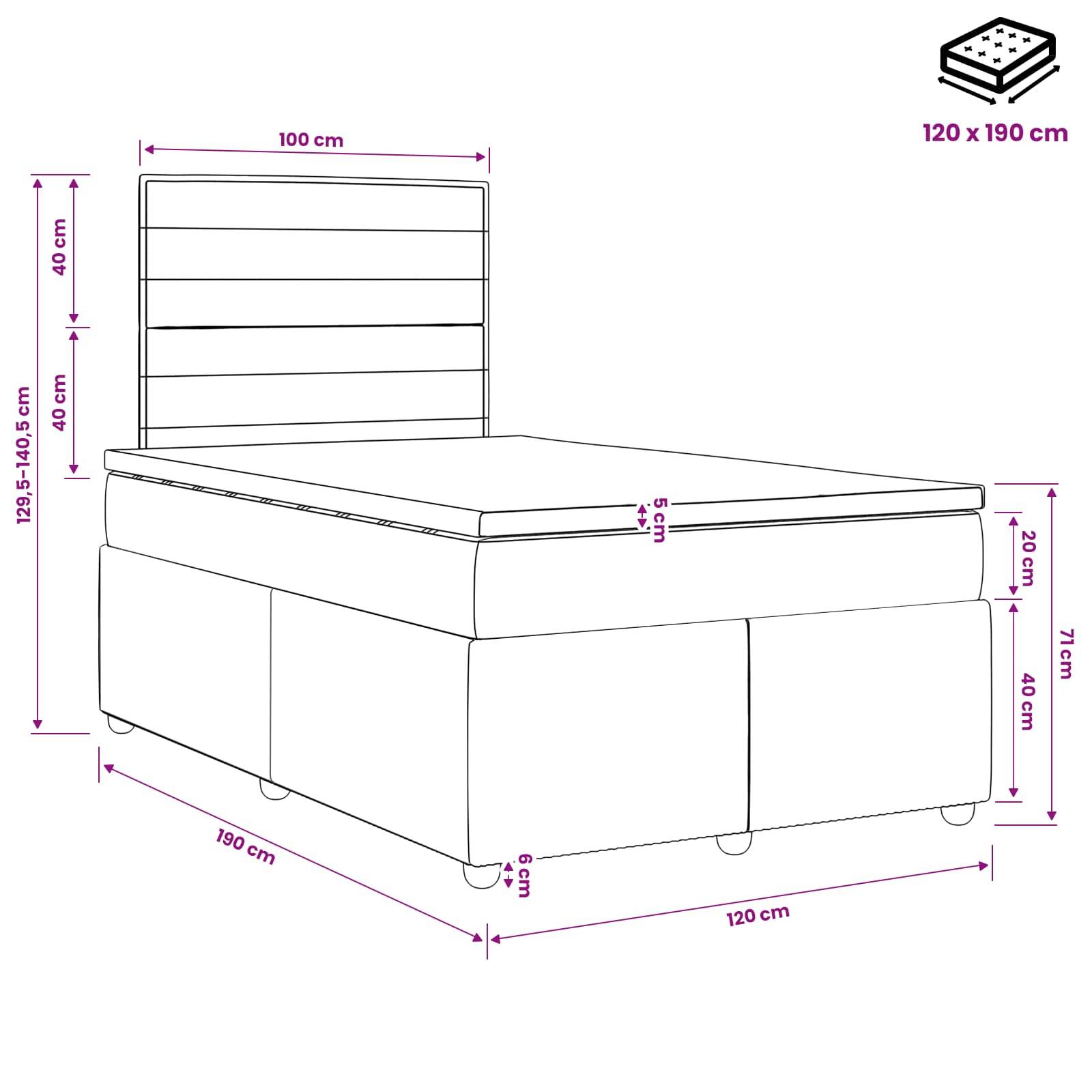 Dimensioniertes Bettdiagramm mit gepolstertem Kopfteil und Matratze, beschriftet 120 x 190 cm; zeigt Gesamtgröße und Höhenmessungen in Zentimetern.