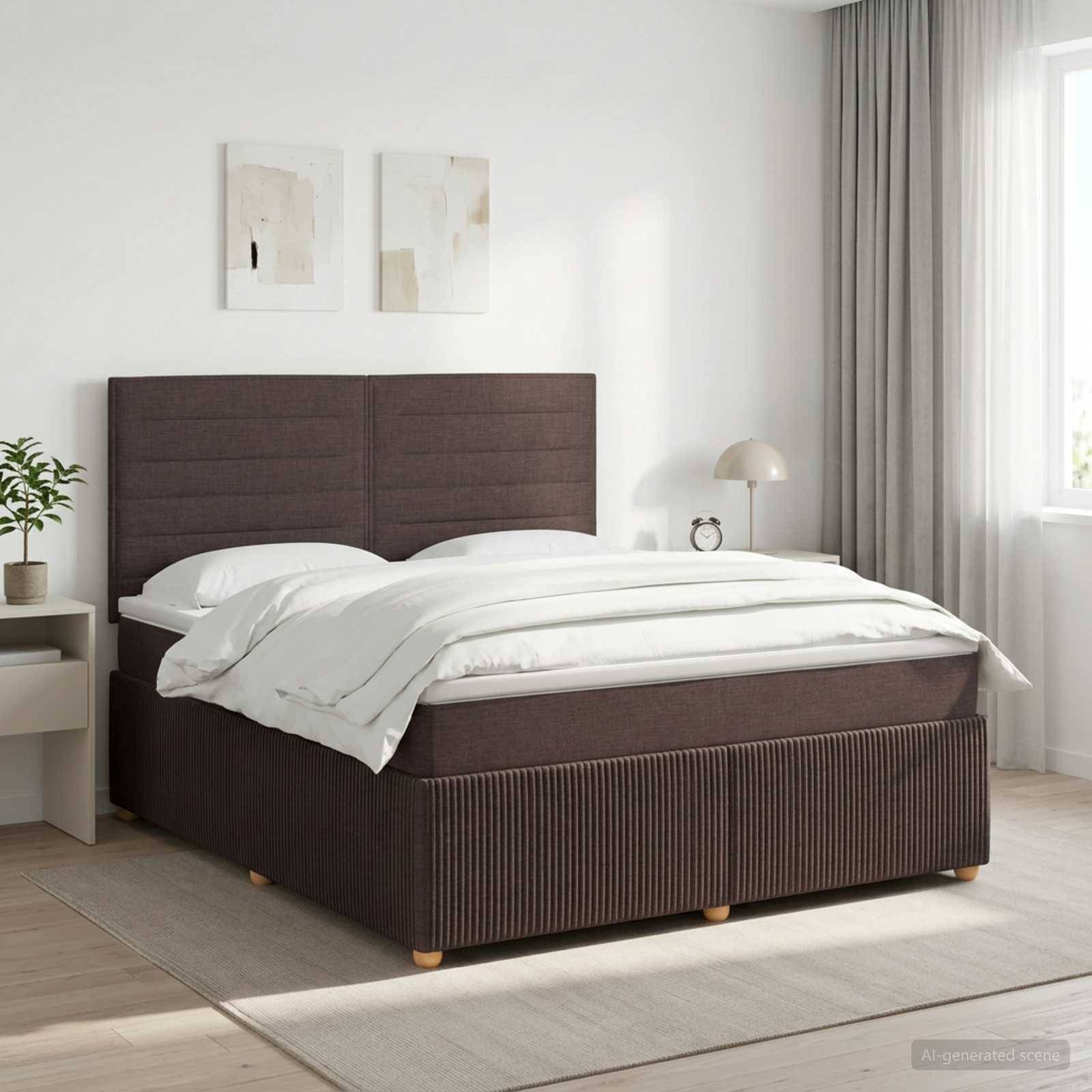 Modernes Schlafzimmer mit dunkel gepolstertem Bett, weißer Bettwäsche, Nachttischen, Lampe, Pflanze, Vorhängen und zwei abstrakten Wanddrucken.