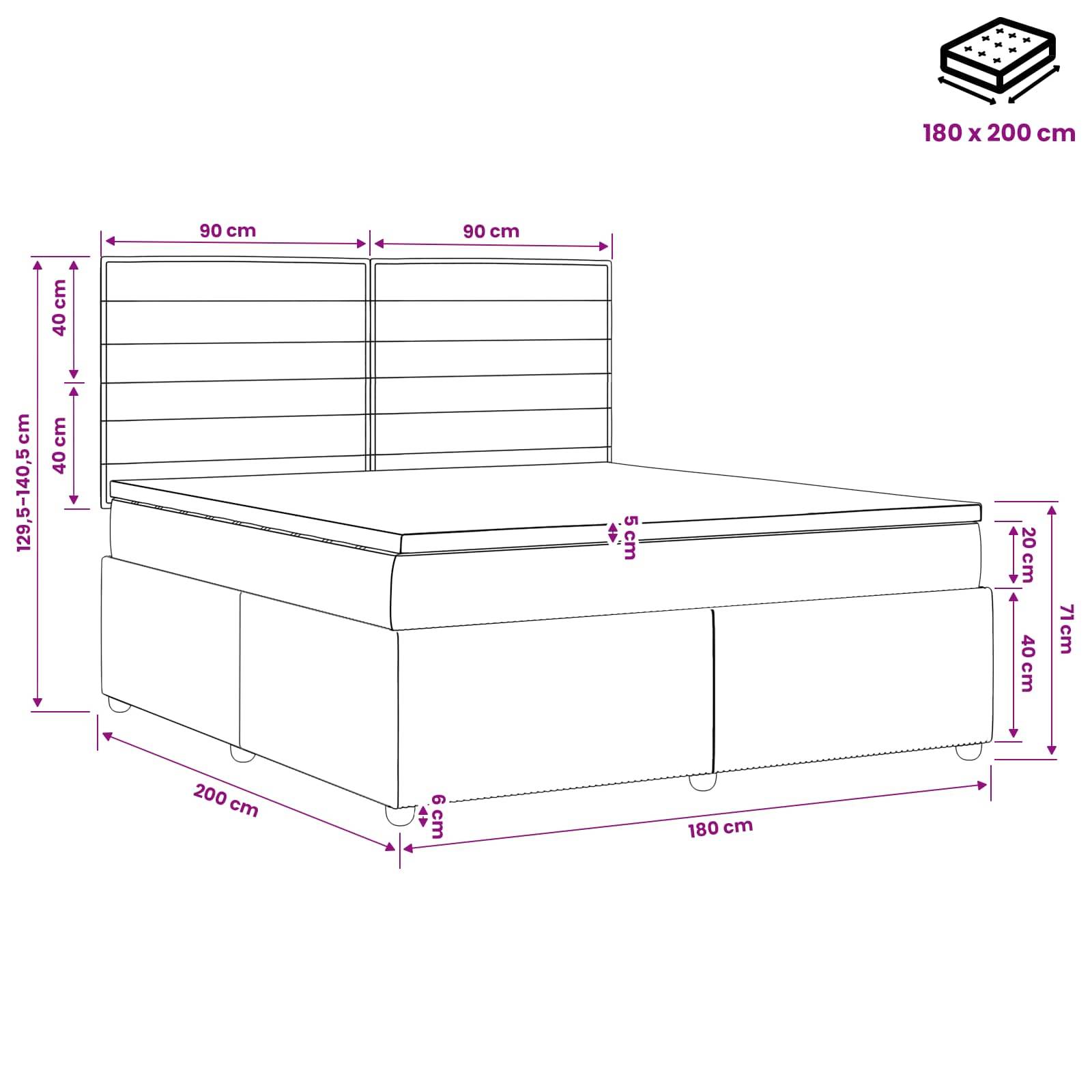 Technische Zeichnung eines gepolsterten Bettes mit Speicherbasis und Lamellenkopfteil, gekennzeichnet für eine 180 x 200 cm Matratze und Gesamtabmessungen.