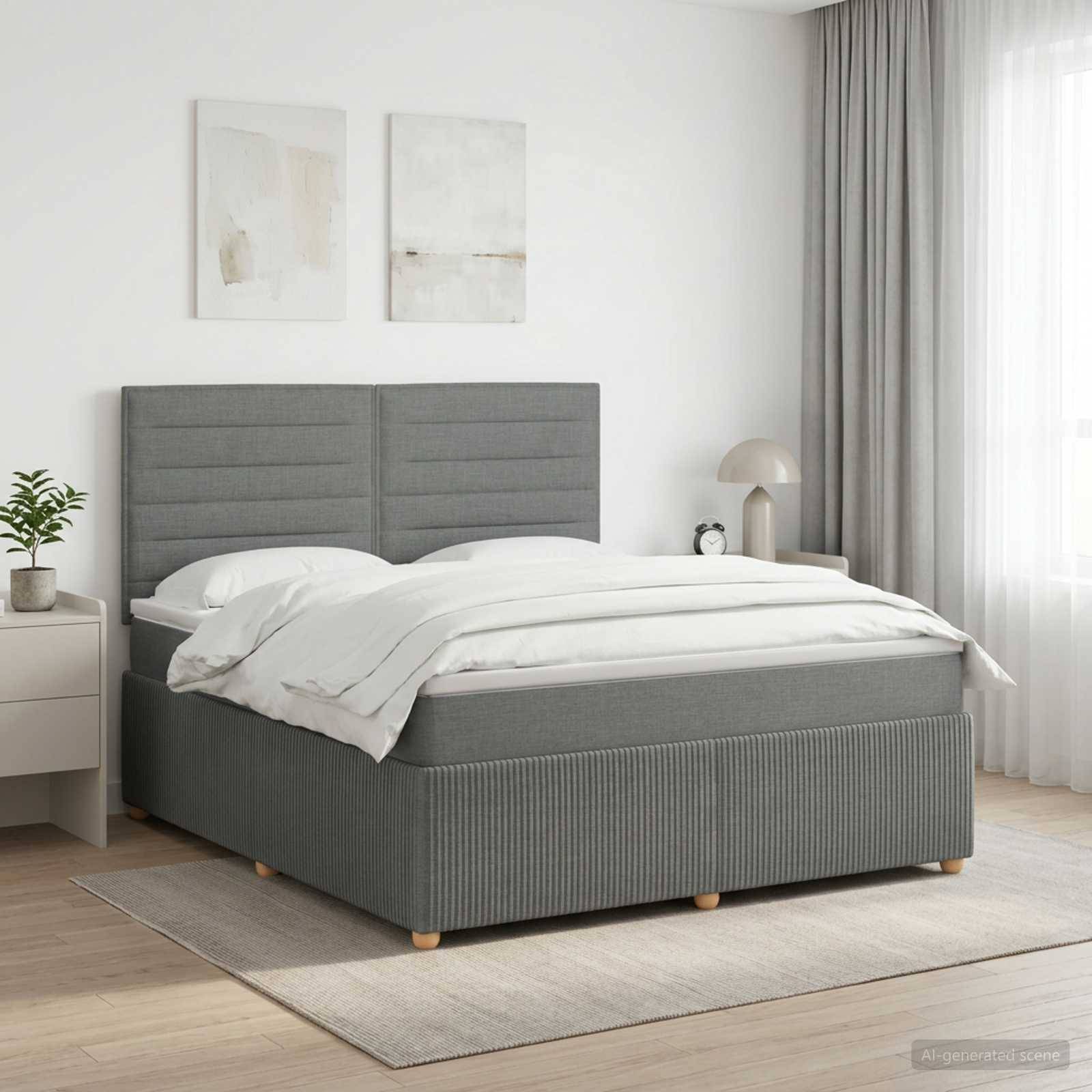 Modernes Schlafzimmer mit grauem Polsterbett, weißer Bettwäsche, Nachttisch, Lampe, Pflanze und transparenten Vorhängen in einem hellen, minimalistischen Raum.