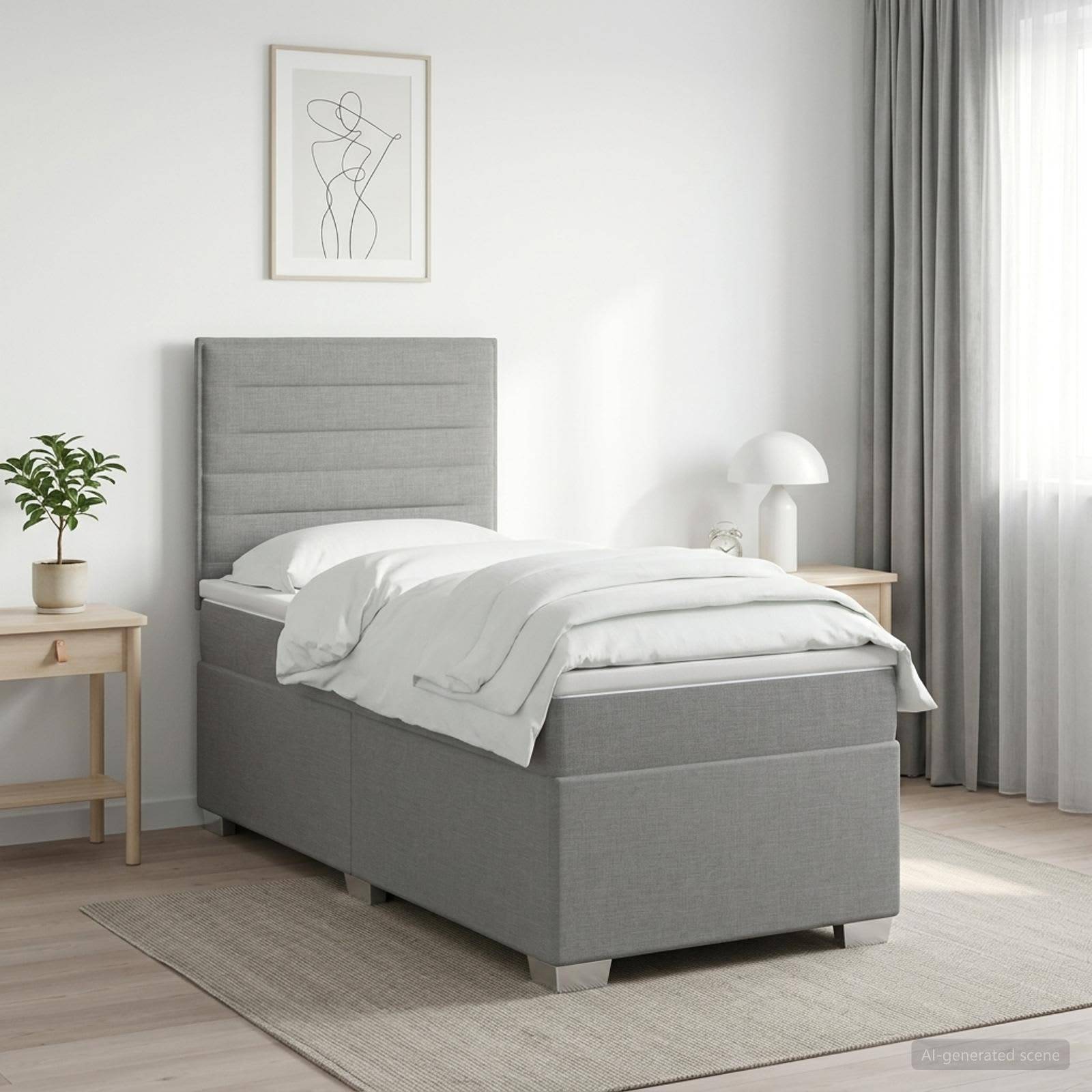 Minimales modernes Schlafzimmer mit grauem Polsterbett, weißer Bettwäsche, Nachttischen, Pflanze, Lampe, gerahmter Linienkunst und durchscheinenden Vorhängen in sanftem Naturlicht.