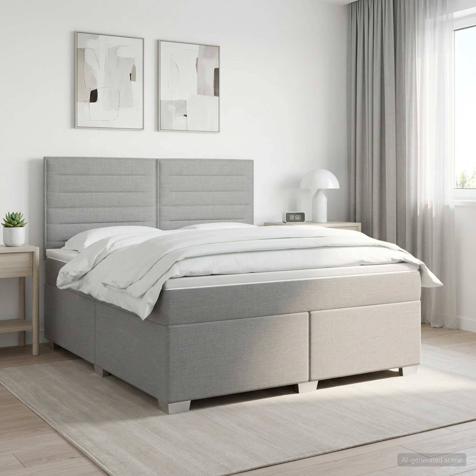 Modernes Schlafzimmer mit einem grau gepolsterten Bett, weißer Bettwäsche, Nachttischen, Wandkunst und sanftem natürlichen Licht aus einem Fenster.