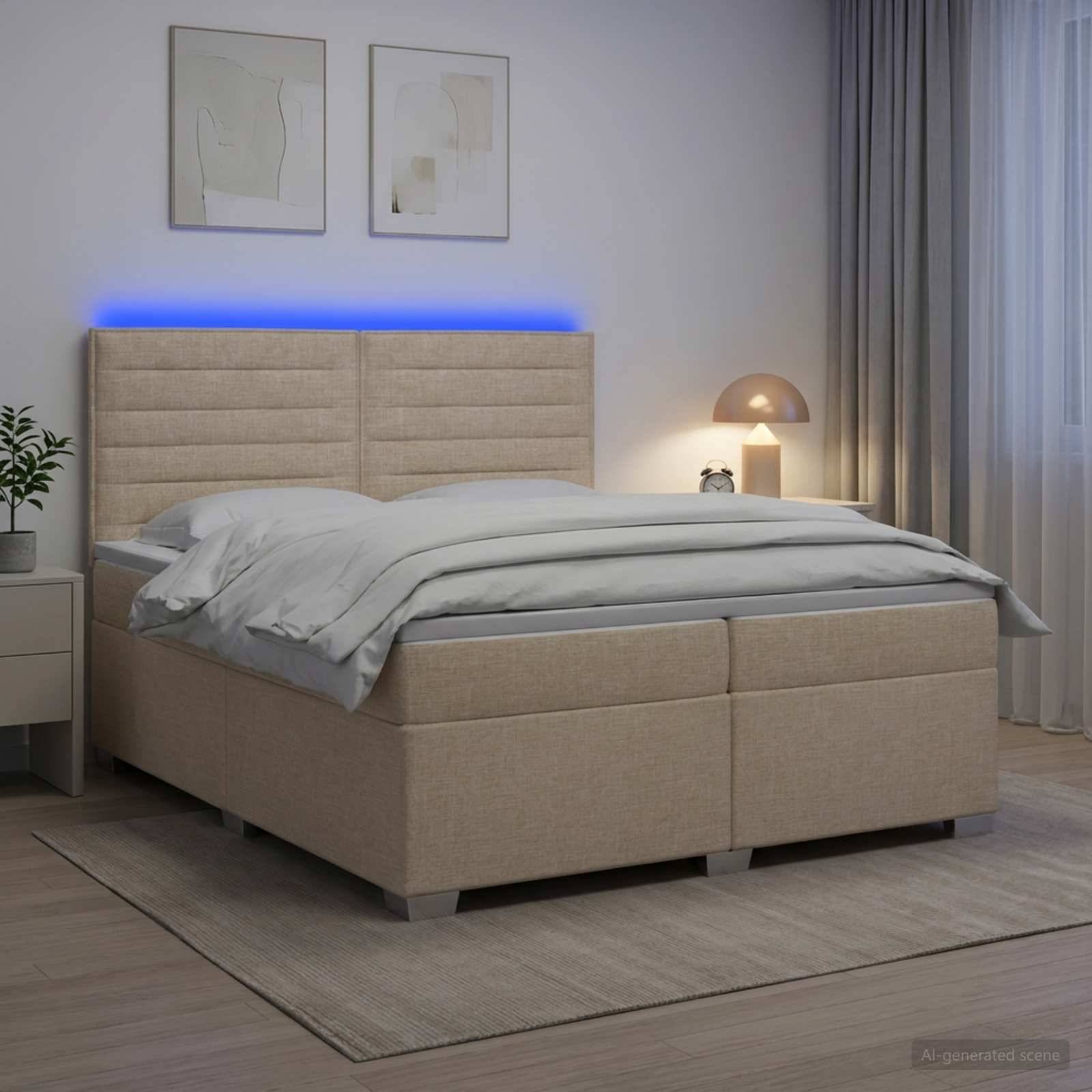 Modernes beiges Polsterbett mit grauer Bettwäsche in einem minimalistischen Schlafzimmer, mit leuchtender blauer Kopfleuchte, Nachttischlampe und Wandkunst.