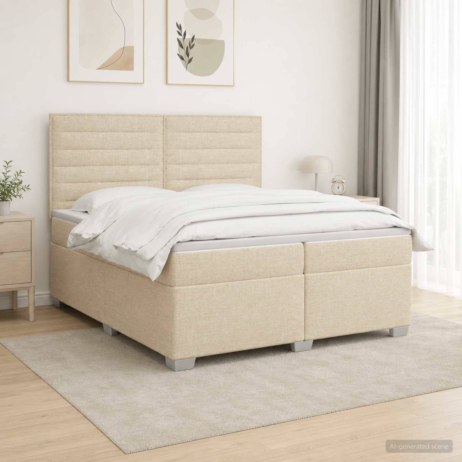 Beiges gepolstertes Bett mit Kopfteil, weiße Bettwäsche und passender Ottomane als Basis in einem hellen, minimalistischen Schlafzimmer.