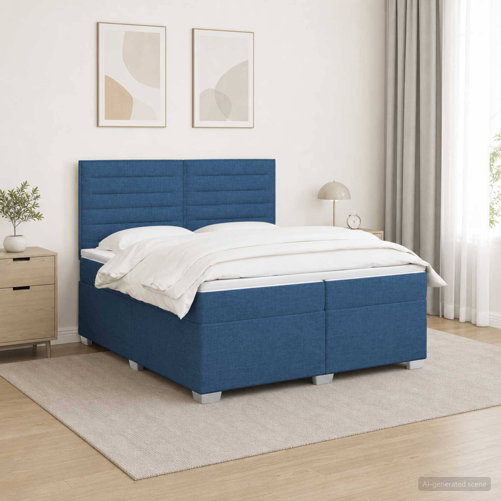 Ein blaugepolstertes Bett mit weißer Bettwäsche in einem hellen modernen Schlafzimmer, mit einem Nachttisch, einer Lampe, gerahmter Kunst und einem Teppich.