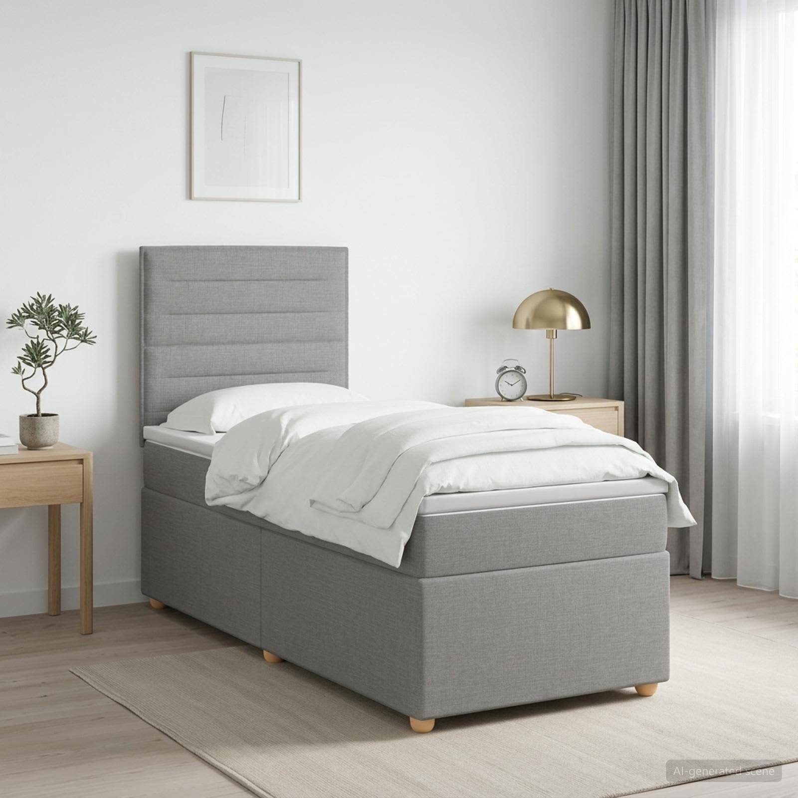 Ein ordentlich gemachtes, grau gepolstertes Einzelbett in einem hellen, minimalistischen Schlafzimmer, mit Nachttischen, Lampe, Pflanze und Vorhängen.