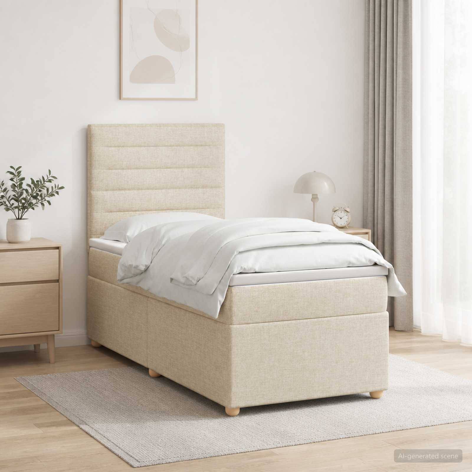 Minimalistisches beige gepolstertes Einzelbett in einem hellen, modernen Schlafzimmer mit Nachttisch, Lampe, Pflanze, Teppich und Vorhängen.