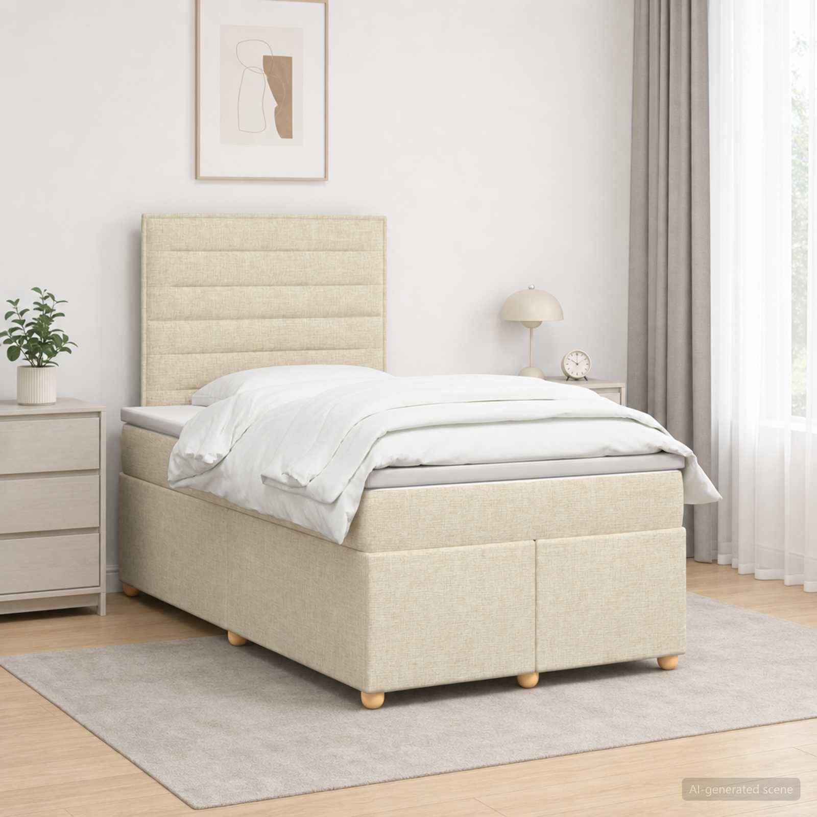 Ein beiges gepolstertes Einzelbett mit weißer Bettwäsche in einem hellen, minimalistischen Schlafzimmer mit einem Nachttisch, einer Lampe, einer Pflanze und einem Teppich.