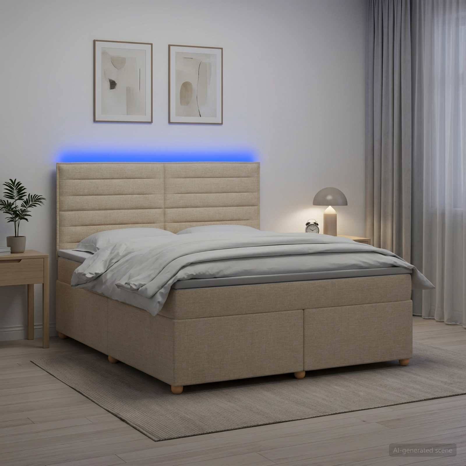 Modernes beiges gepolstertes Bett mit blauer Hintergrundbeleuchtung in einem minimalistischen Schlafzimmer, neben einem Nachttisch, einer Lampe und einem Wandbild in Rahmen.