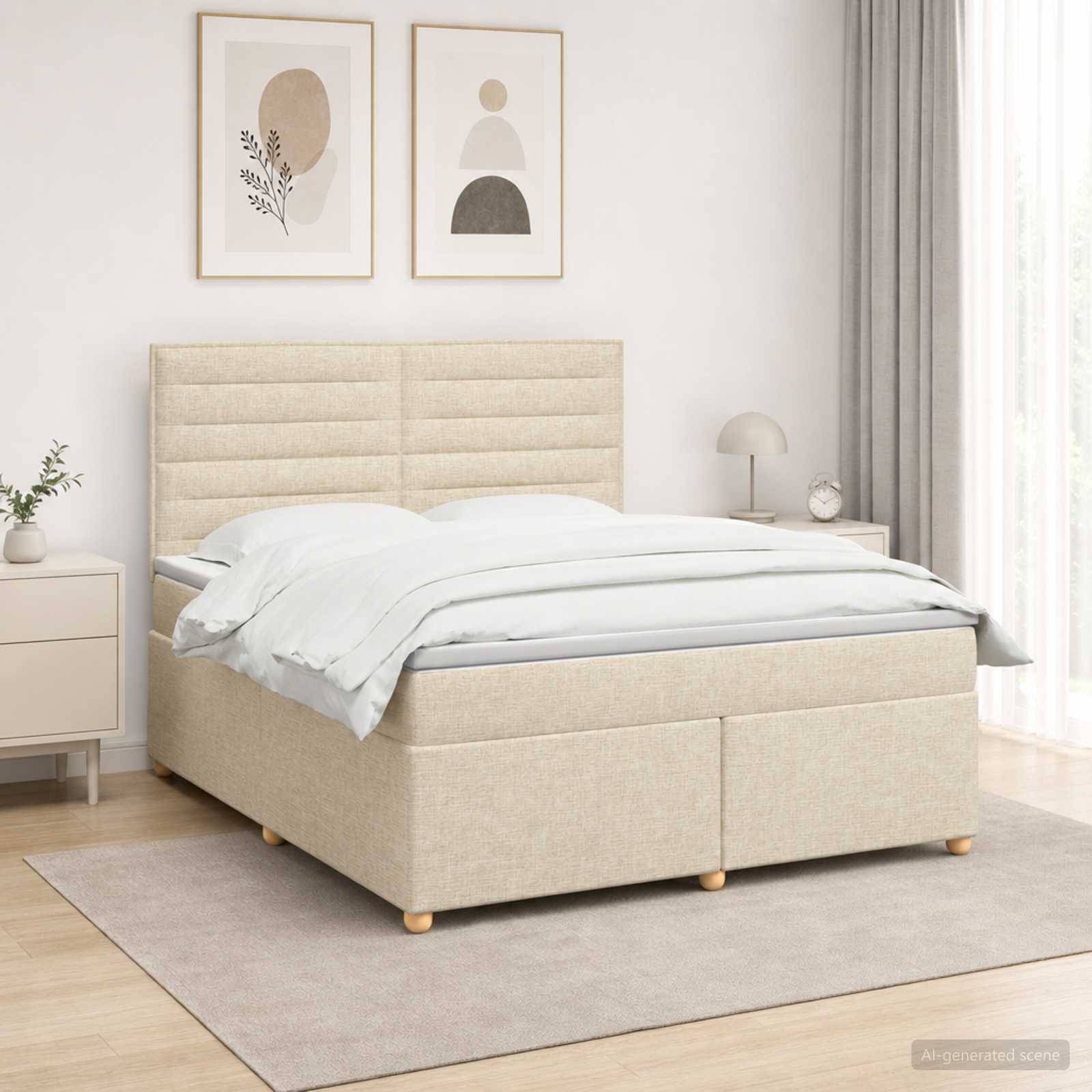 Beige gepolstertes Bett mit passendem Kopfteil, weiße Bettwäsche und Nachttische in einem hellen minimalistischen Schlafzimmer.