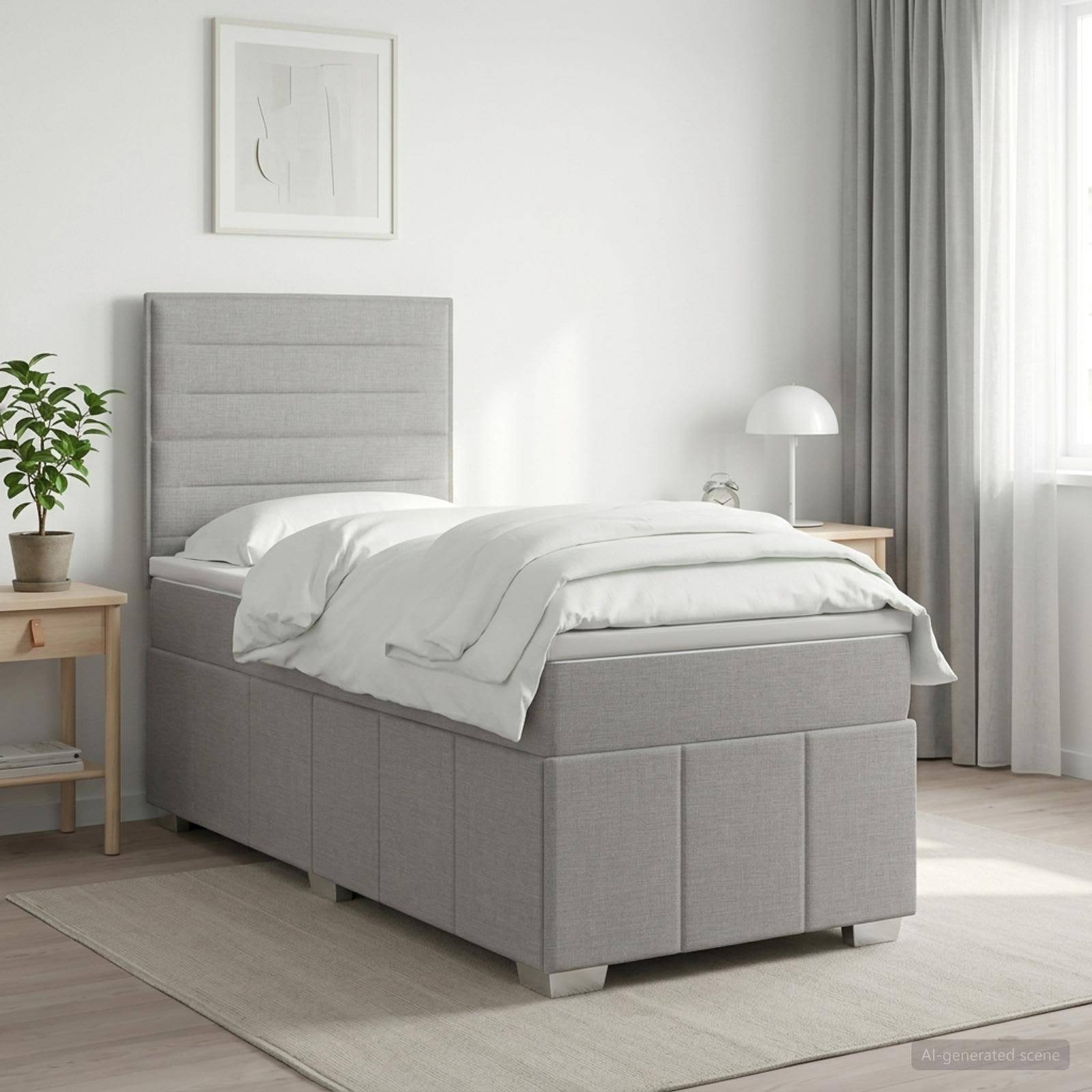 Ein ordentlich gemachtes, grau gepolstertes Bett in einem hellen, minimalistischen Schlafzimmer mit Nachttischen, Lampe, Pflanze und gerahmter Wandkunst.