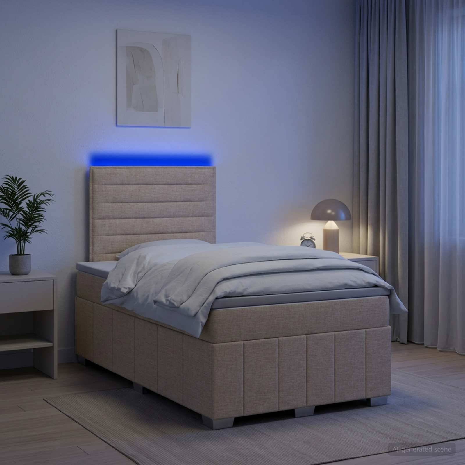 Modernes gepolstertes Einzelbett mit blauem LED-Kopfkissen-Glimmer in einem minimalistischen Schlafzimmer, neben einer Lampe, einer Pflanze und Vorhängen.