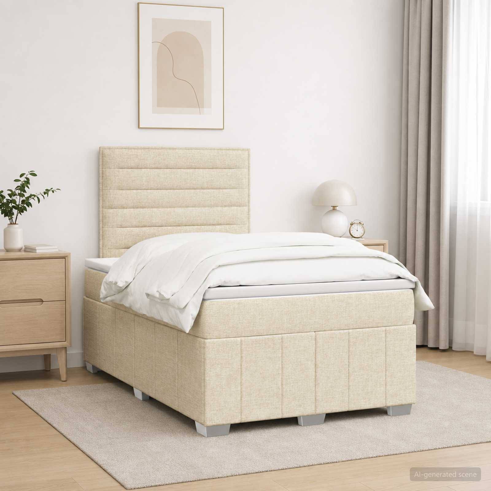 Ordentlich gemachtes beige gepolstertes Bett in einem minimalistischen Schlafzimmer mit Nachttisch, Lampe, Pflanze, gerahmtem Kunstwerk und Fenstervorhängen.